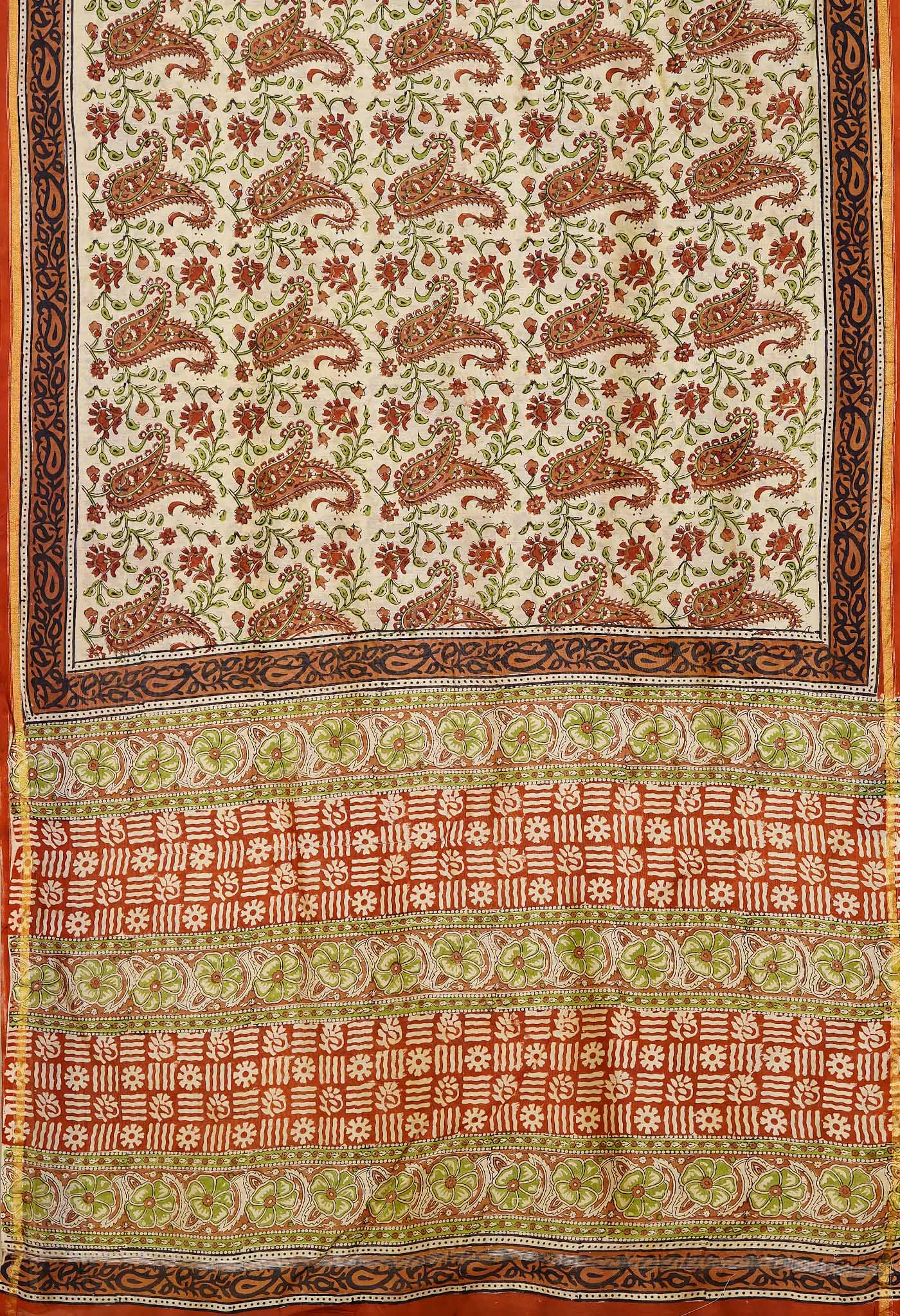 Cream Pure Bagru Kalamkari Printed Chanderi Sico Saree-UNM80255