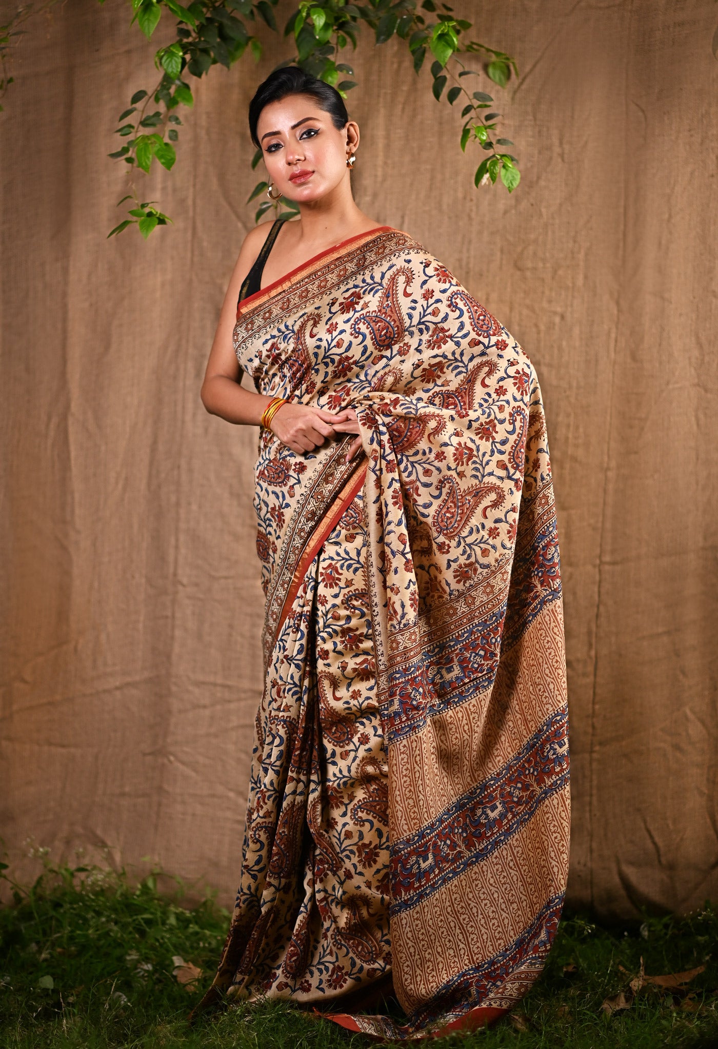 Cream Pure  Bagru Kalamkari Printed Chanderi Sico Saree-UNM80258