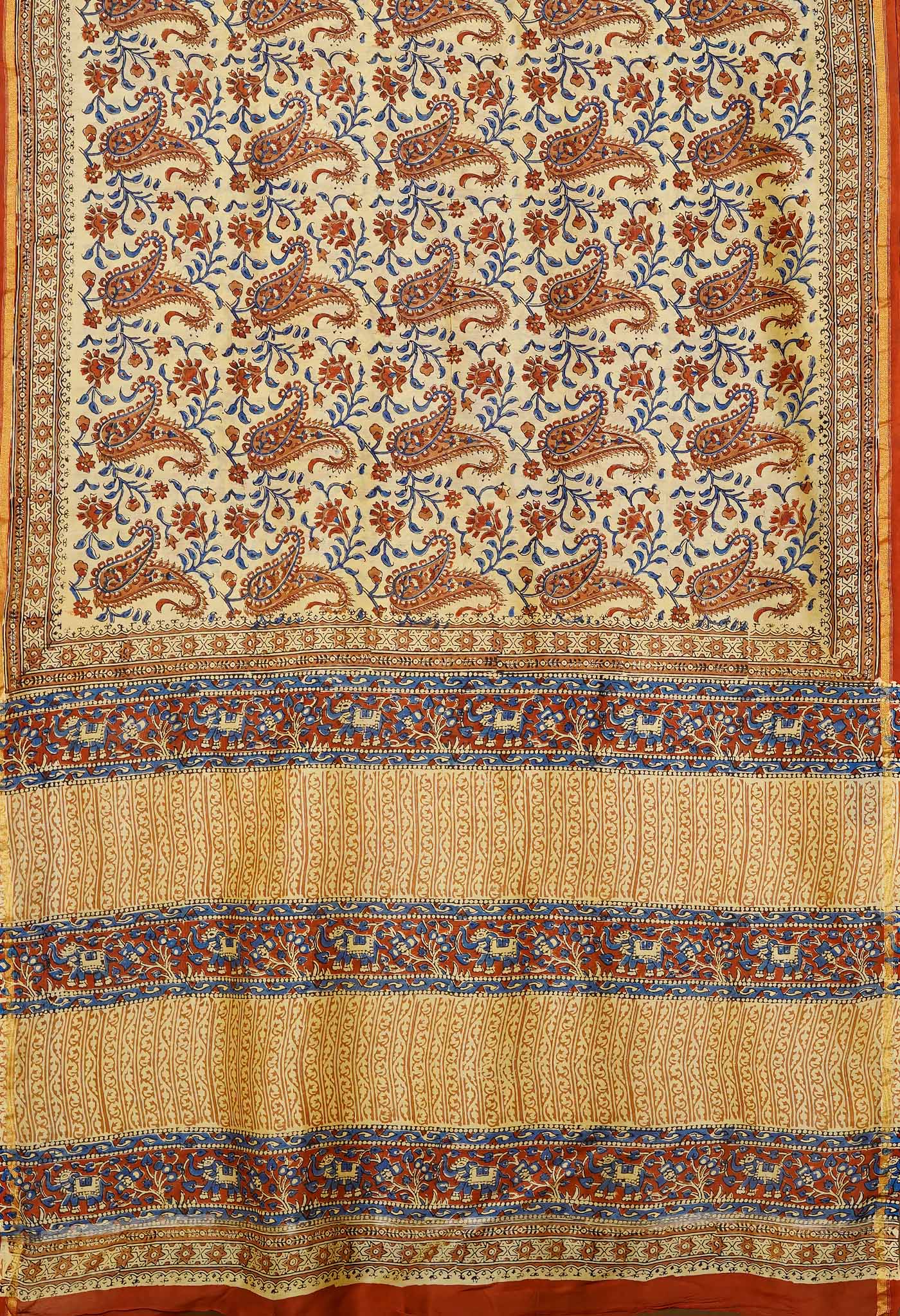 Cream Pure Bagru Kalamkari Printed Chanderi Sico Saree-UNM80258