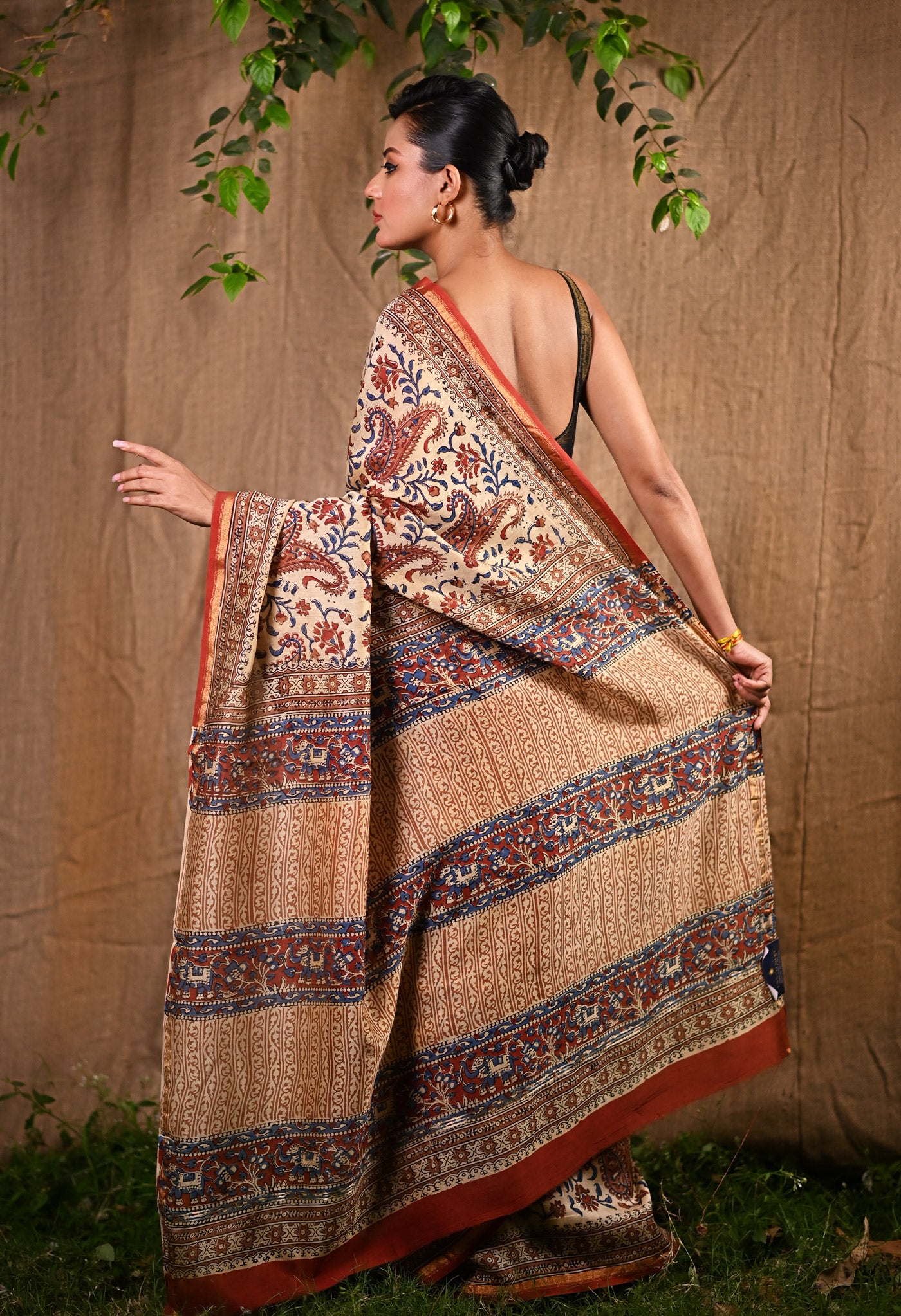 Cream Pure Bagru Kalamkari Printed Chanderi Sico Saree-UNM80258