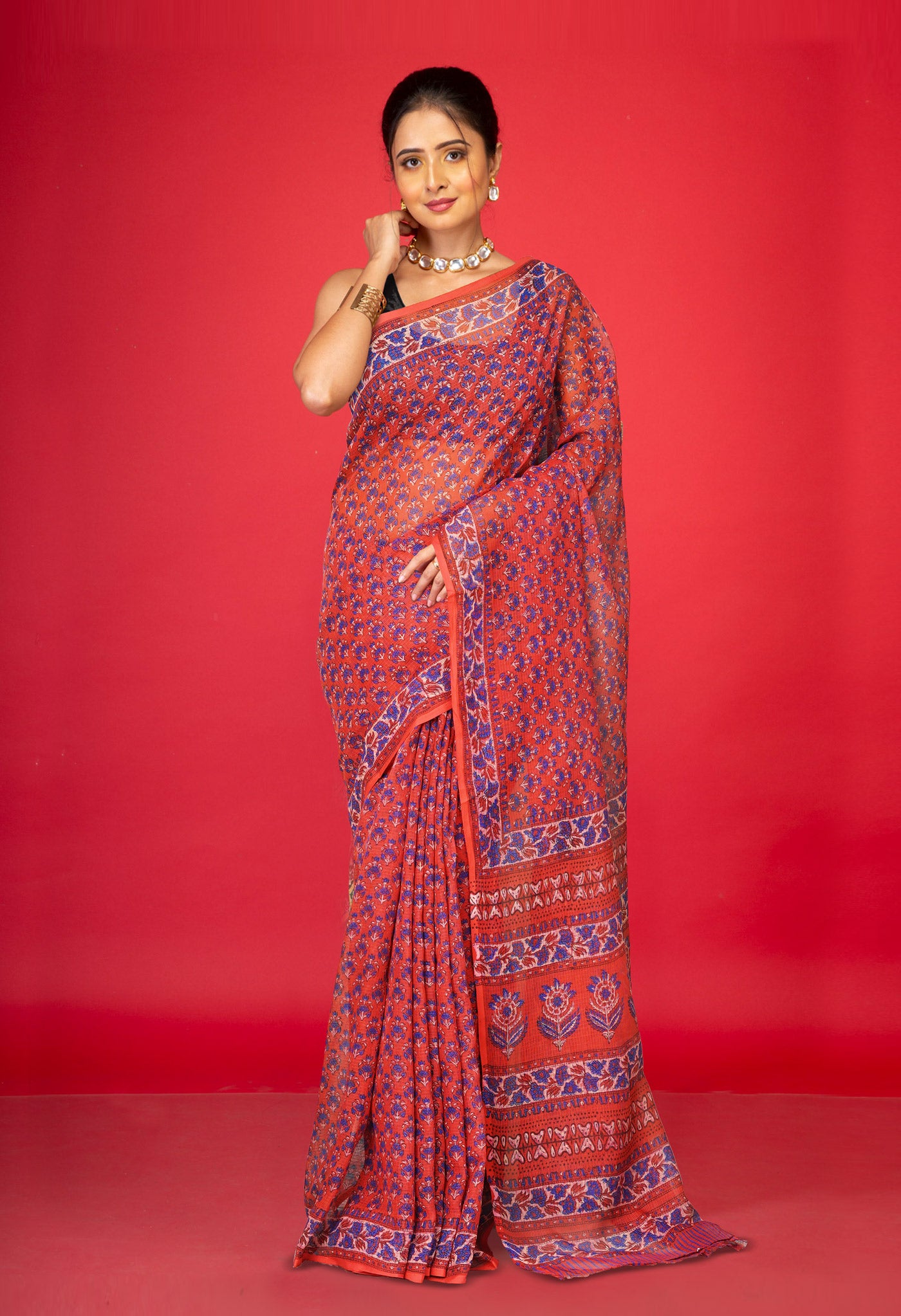 Red Pure Hand Block Printed Kota Saree-UNM80332
