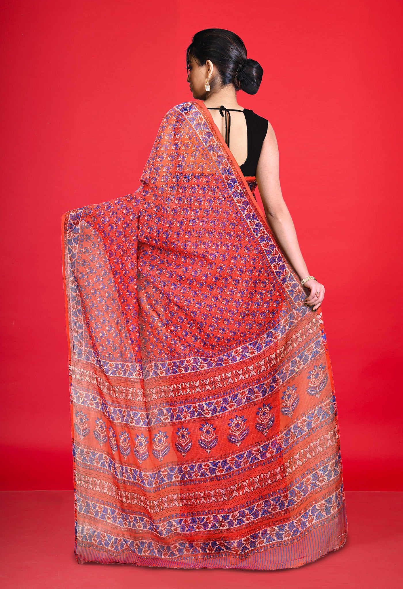 Red Pure Hand Block Printed Kota Saree-UNM80332