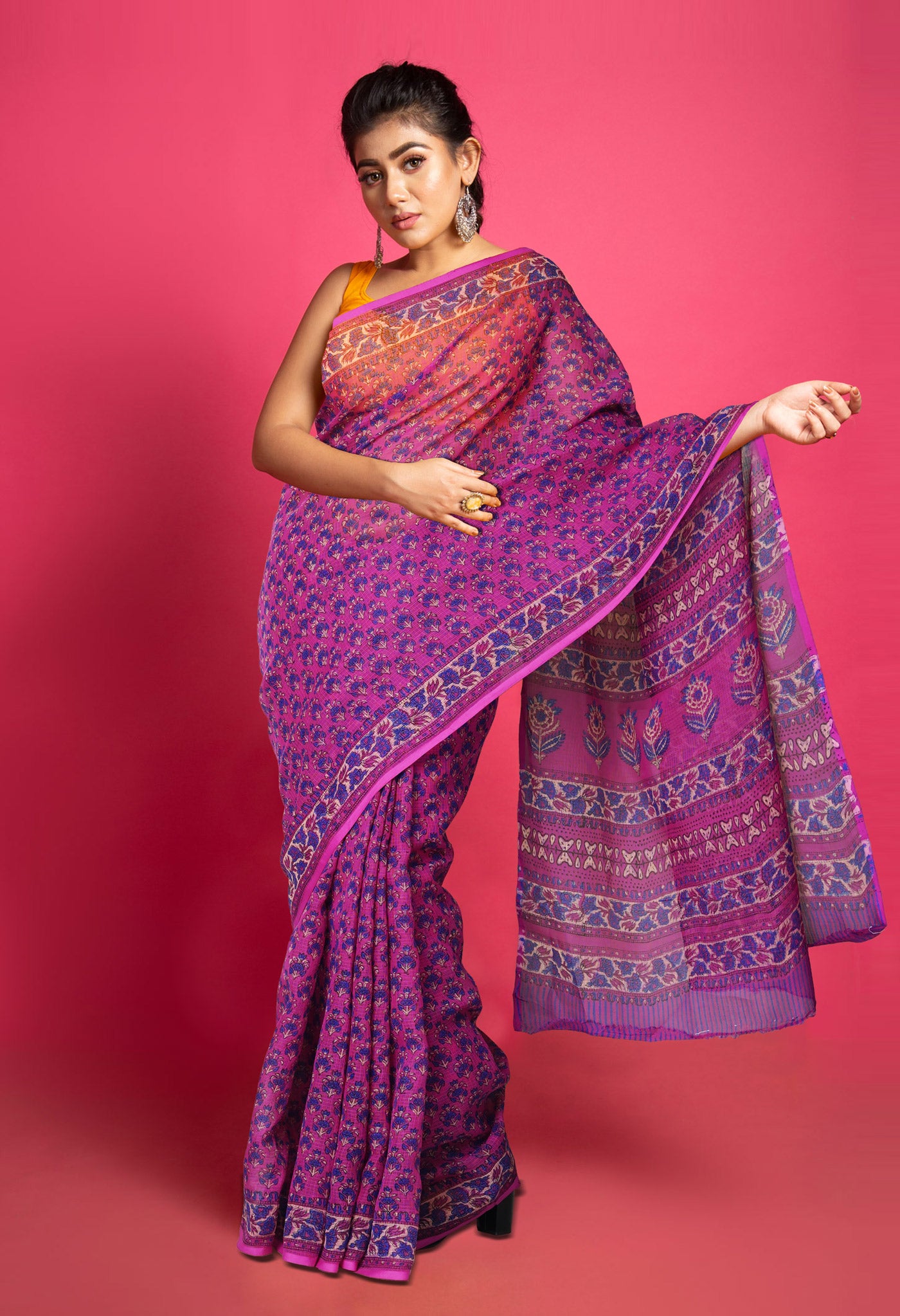 Purple Pure Hand Block Printed Kota Saree-UNM80334