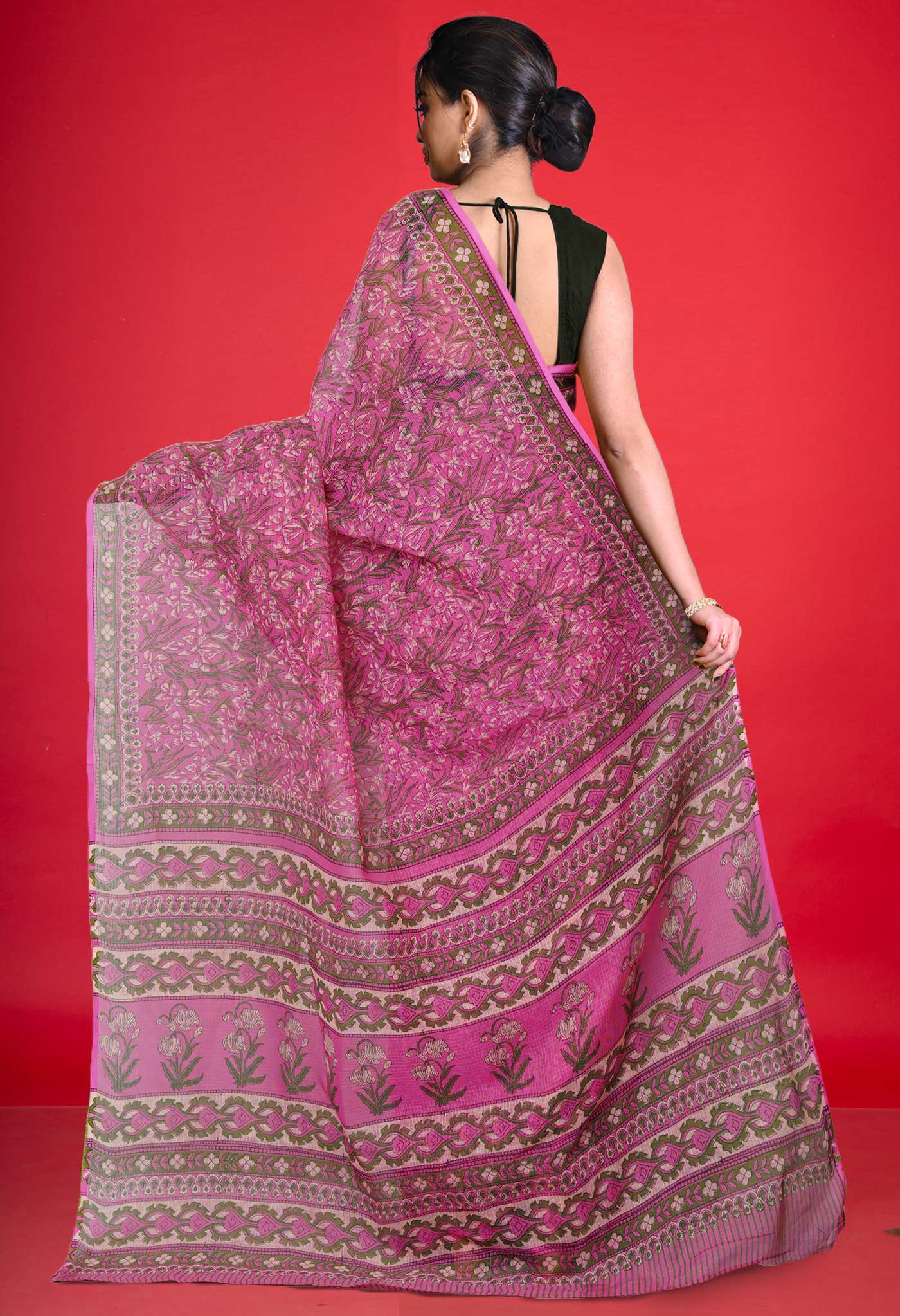 Pink Pure Hand Block Printed Kota Saree-UNM80359