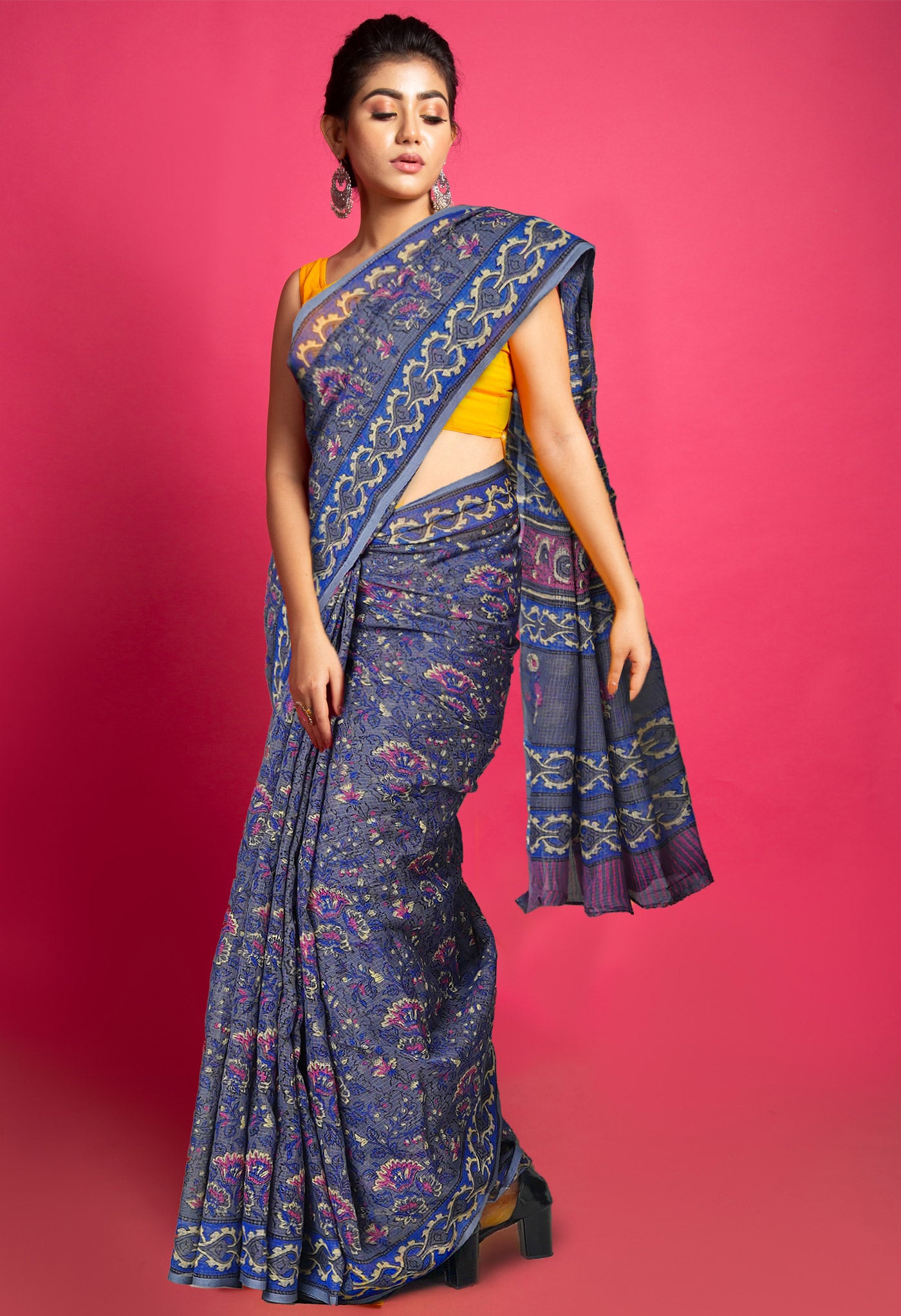 Grey Pure Hand Block Printed Kota Saree-UNM80366