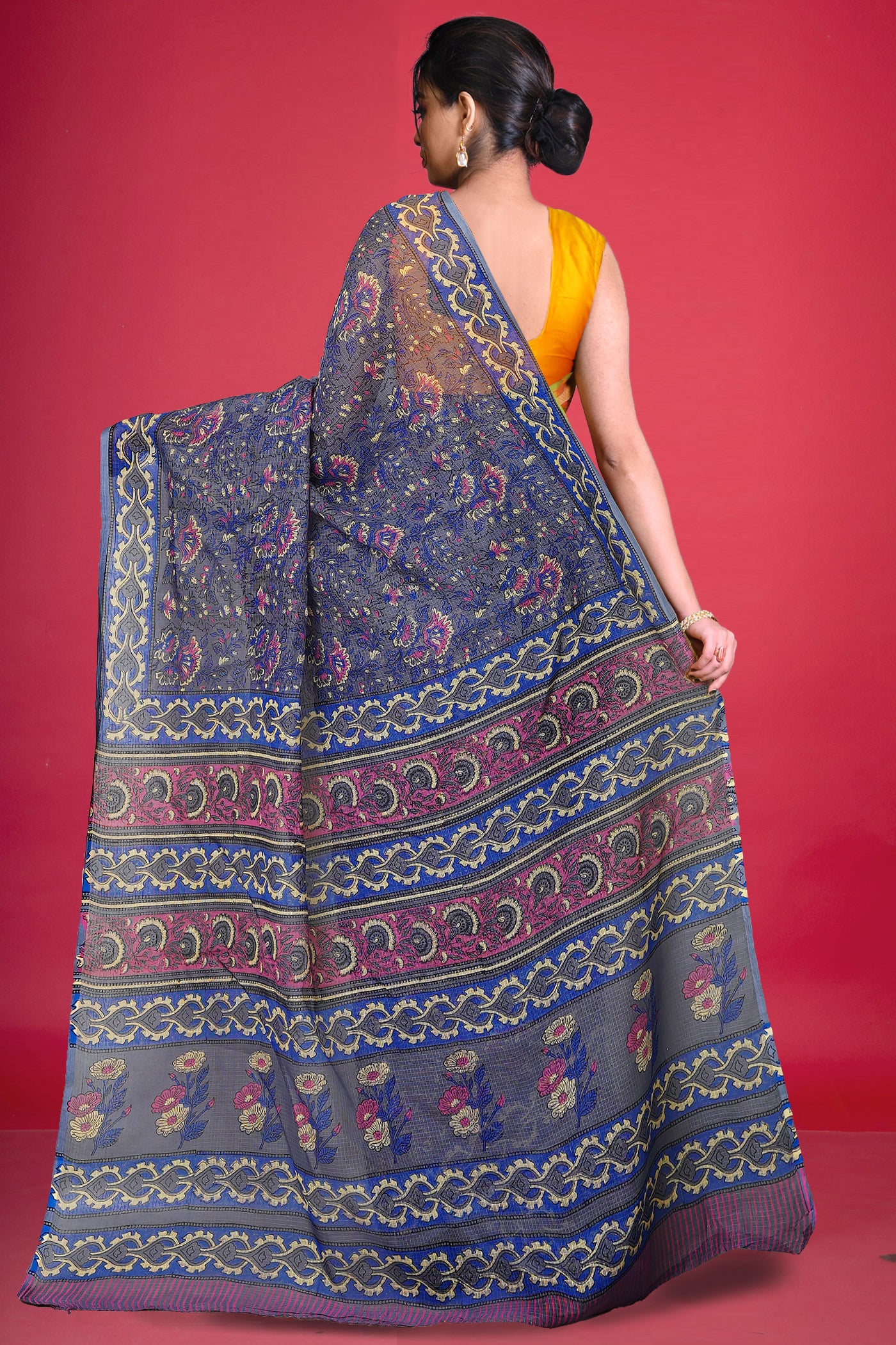 Grey Pure Hand Block Printed Kota Saree-UNM80366