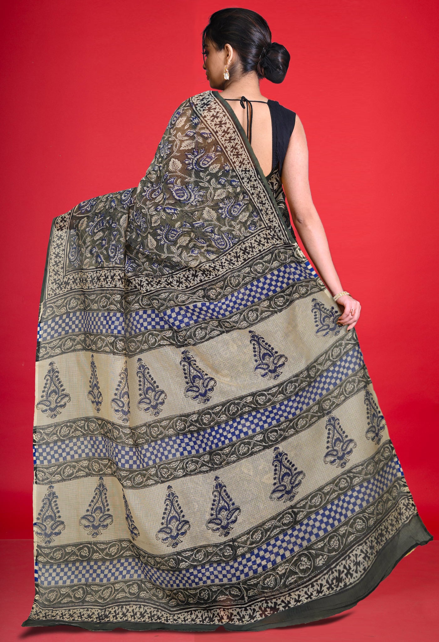 Green Pure Ajrakh Block Printed Kota Saree-UNM80382