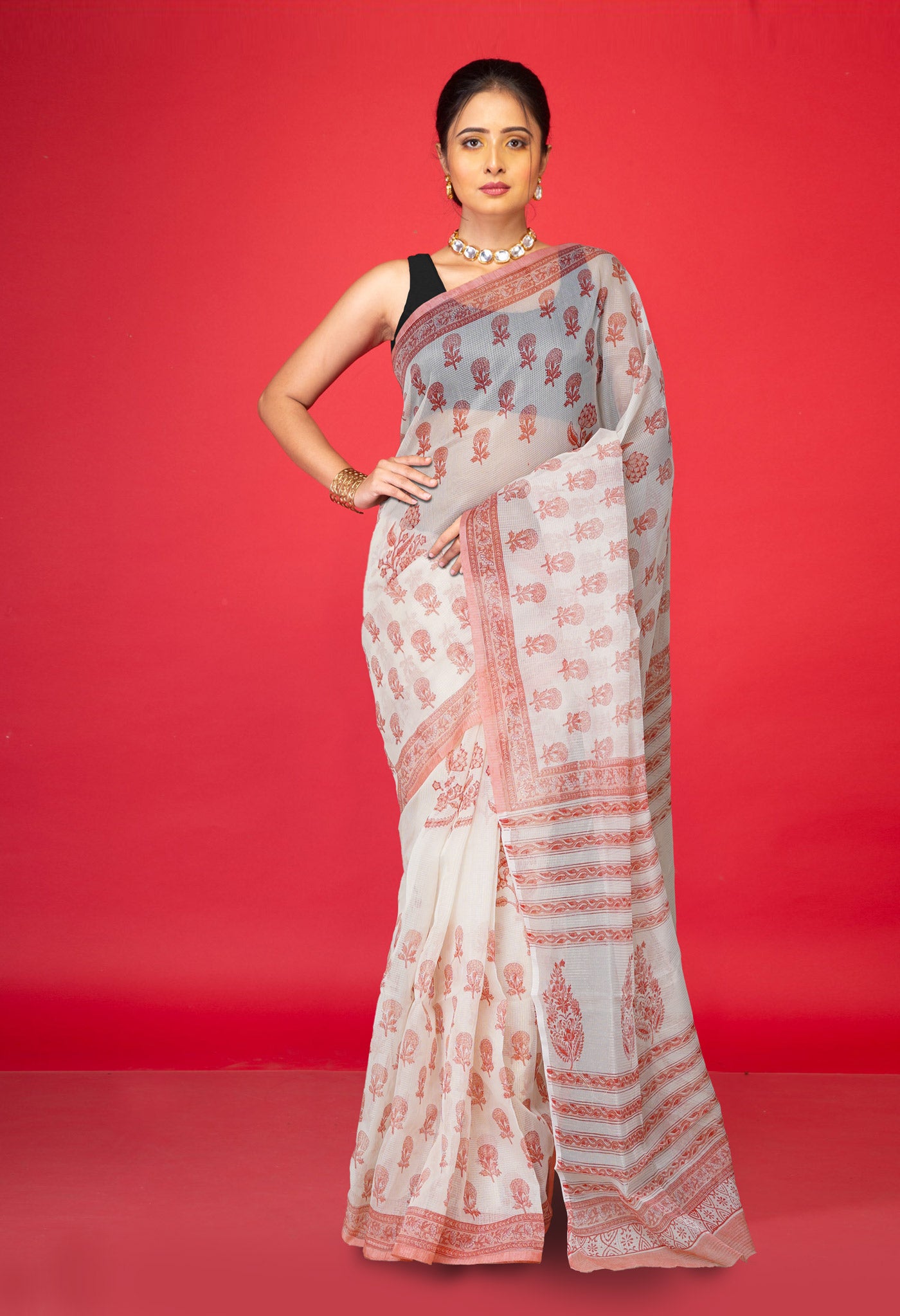 Ivory-Peach Pink Pure Block Printed Fancy Checks Supernet Saree-UNM80422