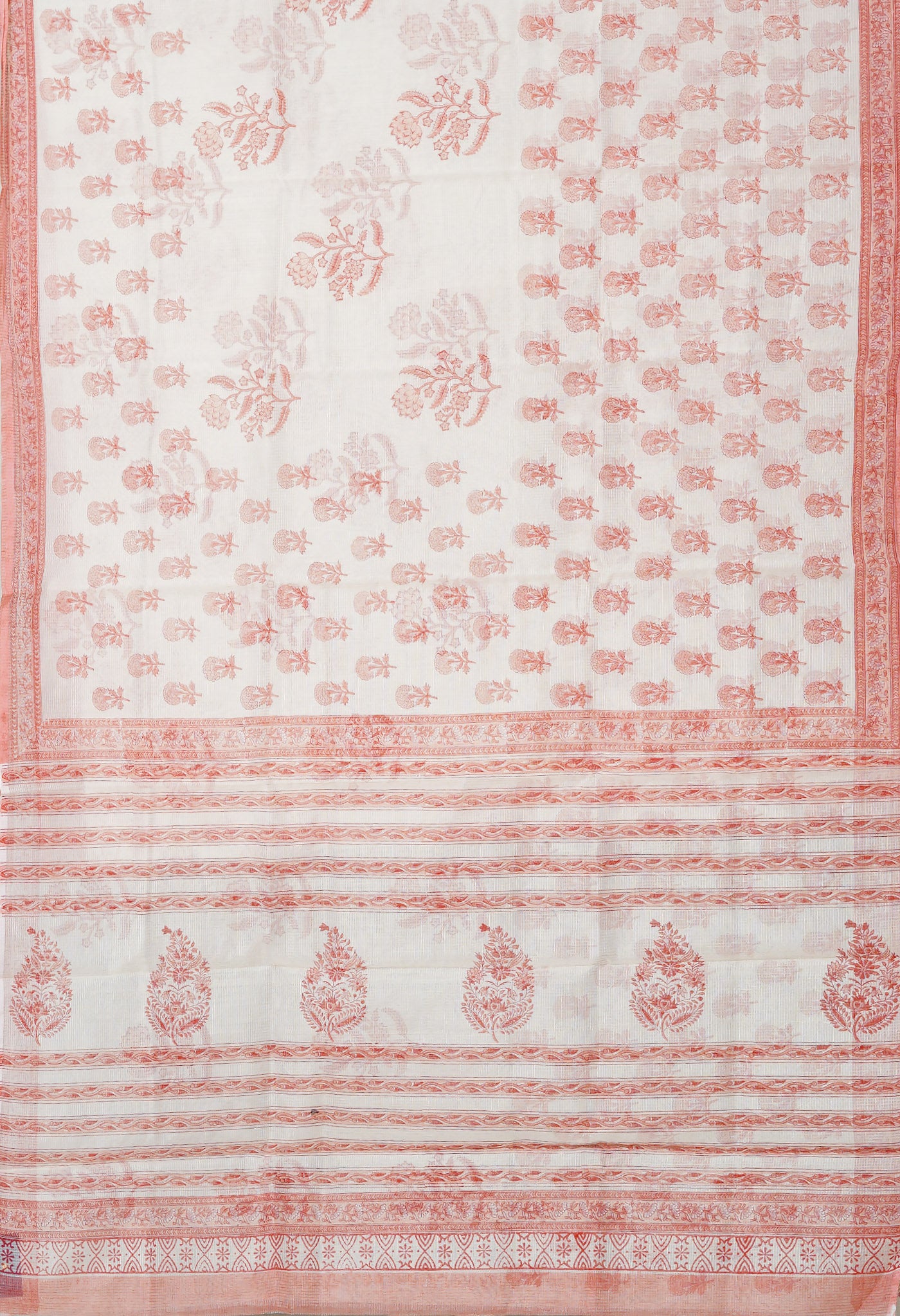 Ivory-Peach Pink Pure Block Printed Fancy Checks Supernet Saree-UNM80422