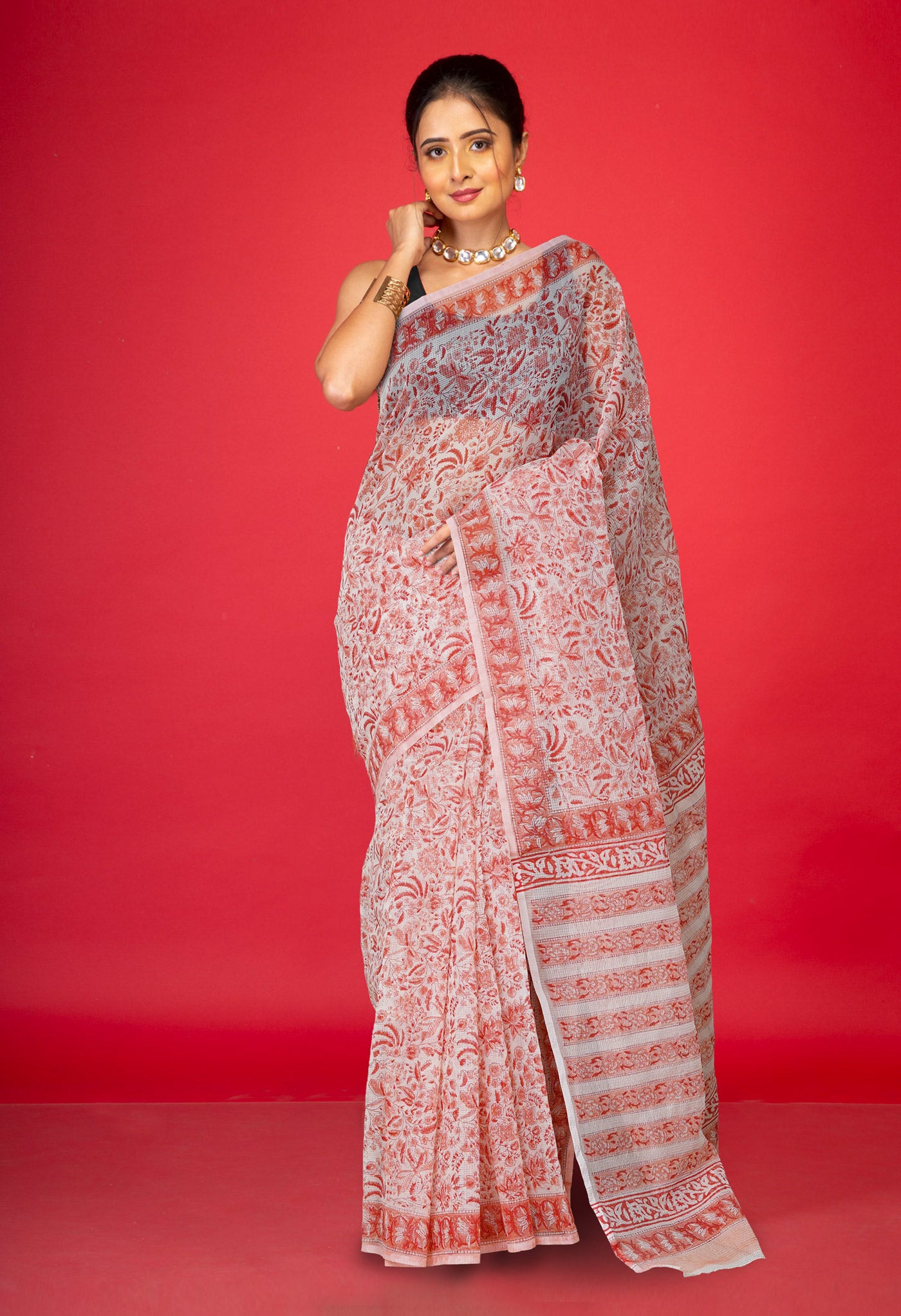 Ivory-Peach Pink Pure Block Printed Fancy Checks Supernet Saree-UNM80425