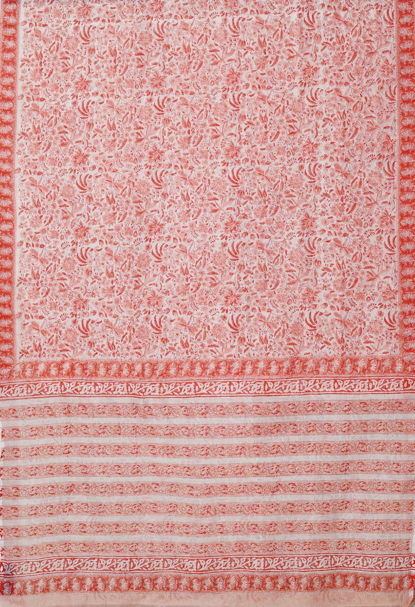 Ivory-Peach Pink Pure Block Printed Fancy Checks Supernet Saree-UNM80425
