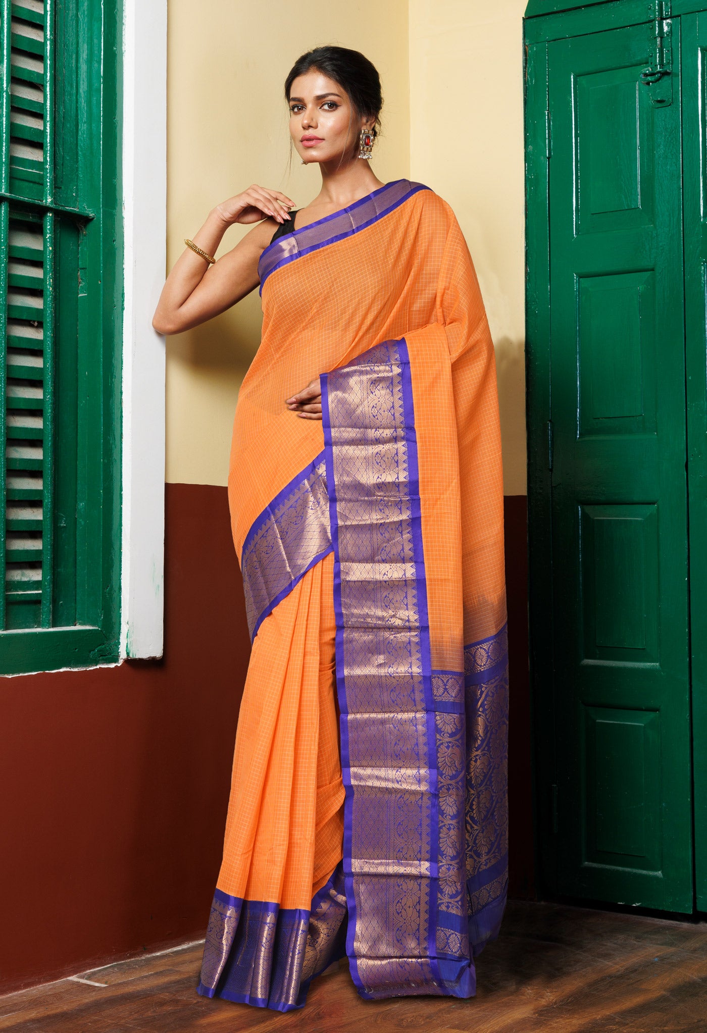 Orange-Dark Blue PureHandloom Checks Gadwal Cotton Saree-UNM80733