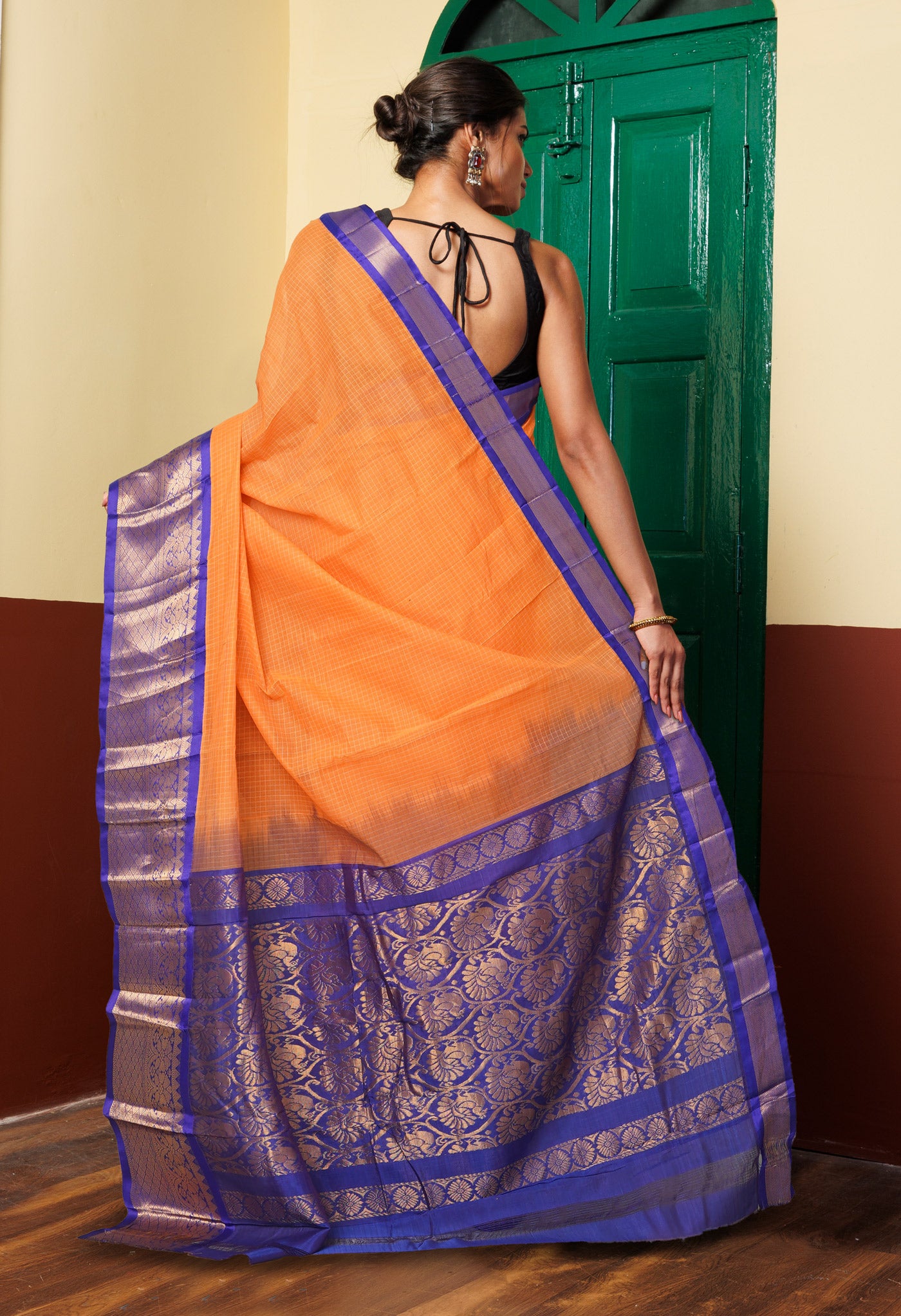 Orange-Dark Blue PureHandloom Checks Gadwal Cotton Saree-UNM80733