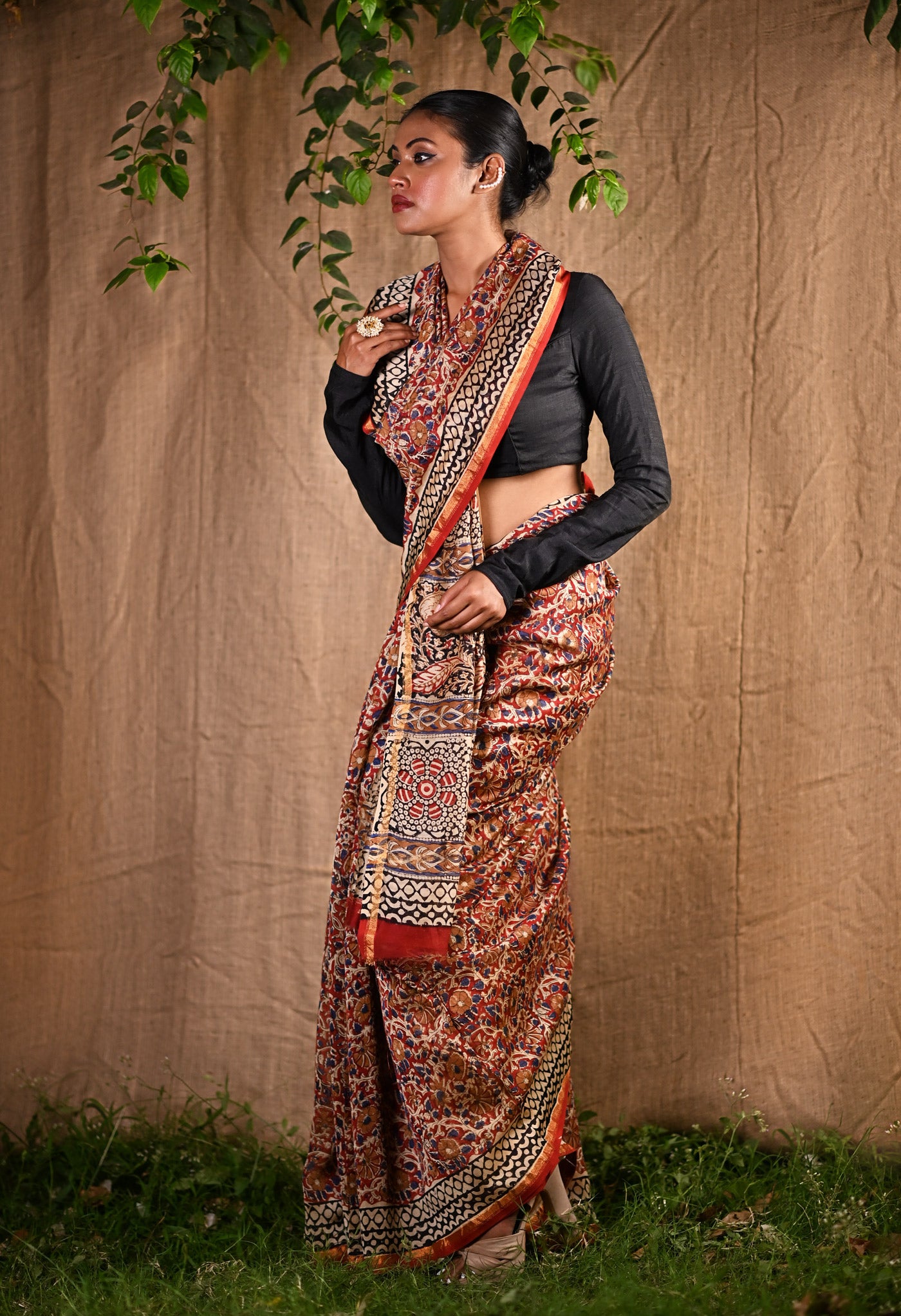 Red Pure Bagru Kalamkari Printed Chanderi Sico Saree-UNM80770