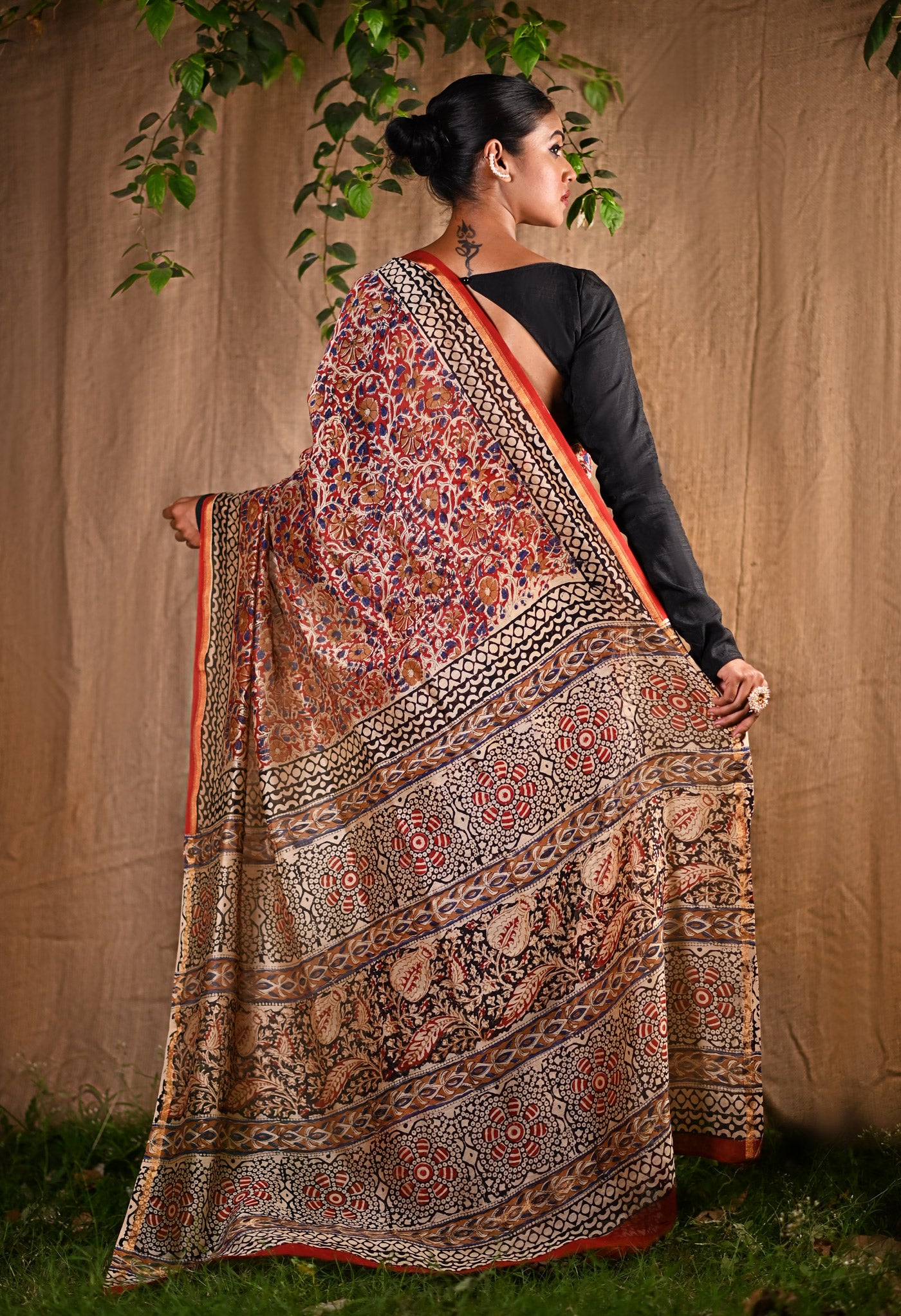 Red Pure Bagru Kalamkari Printed Chanderi Sico Saree-UNM80770