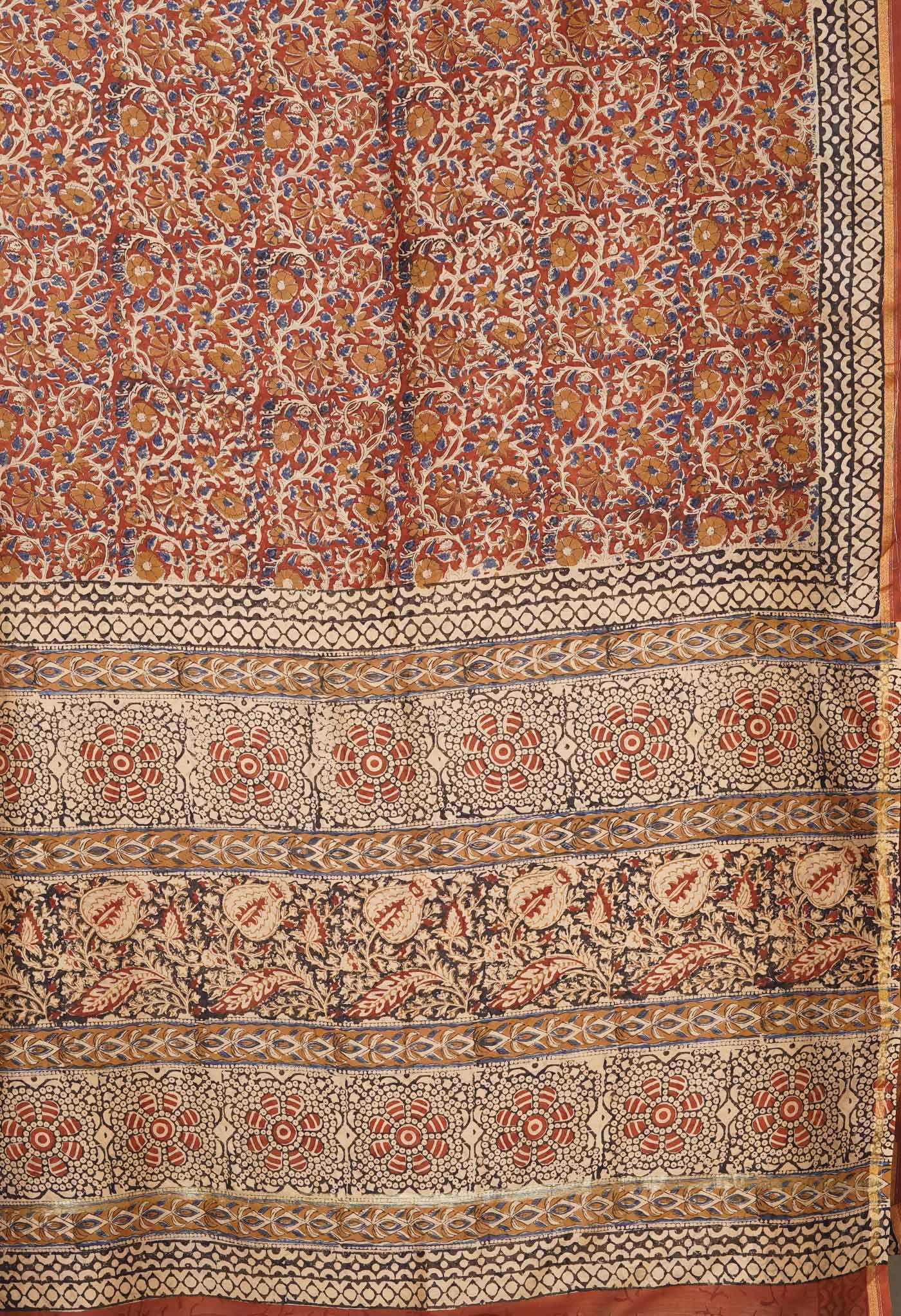 Red Pure Bagru Kalamkari Printed Chanderi Sico Saree-UNM80770