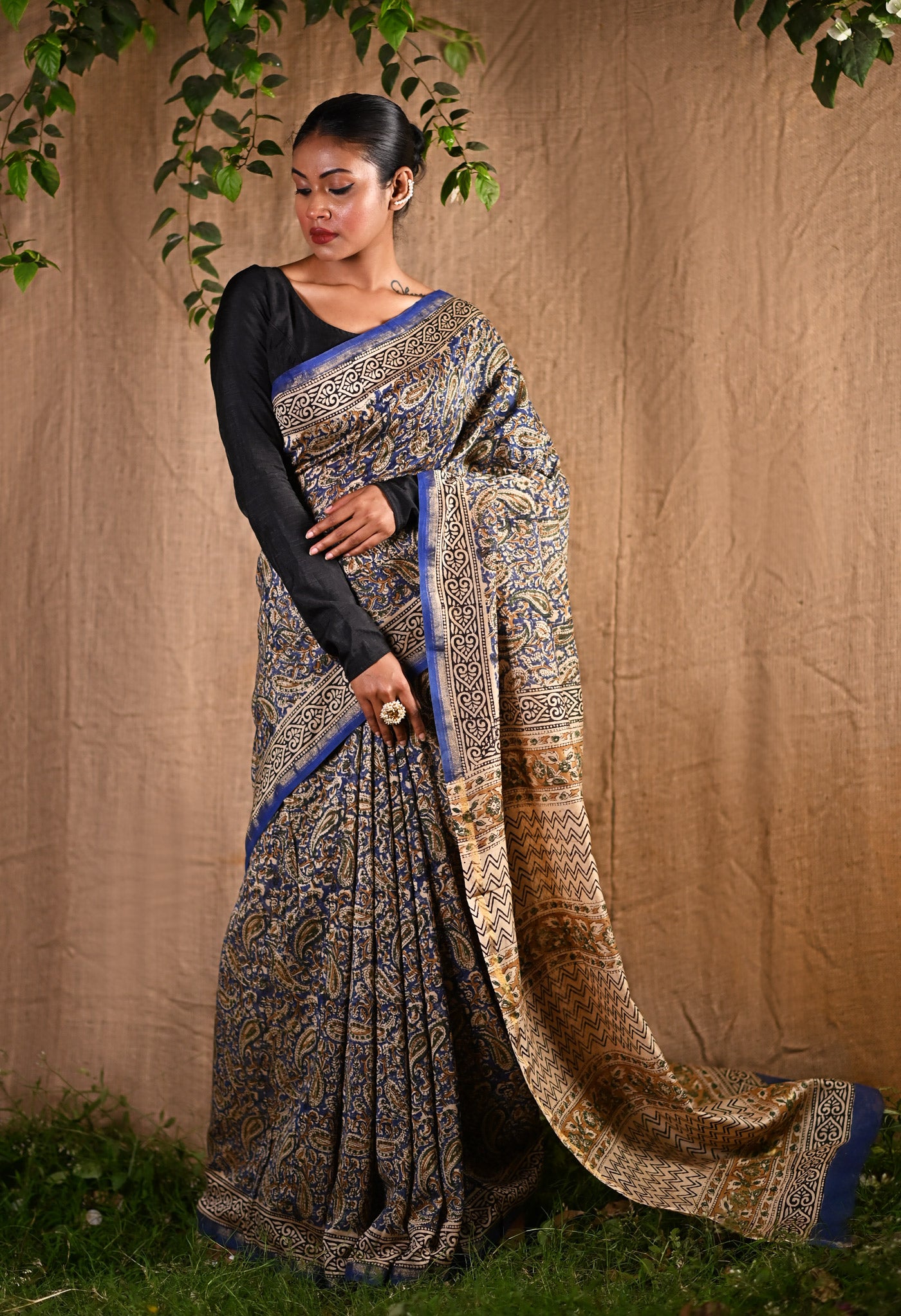 Blue Pure Bagru Kalamkari Printed Chanderi Sico Saree-UNM80772