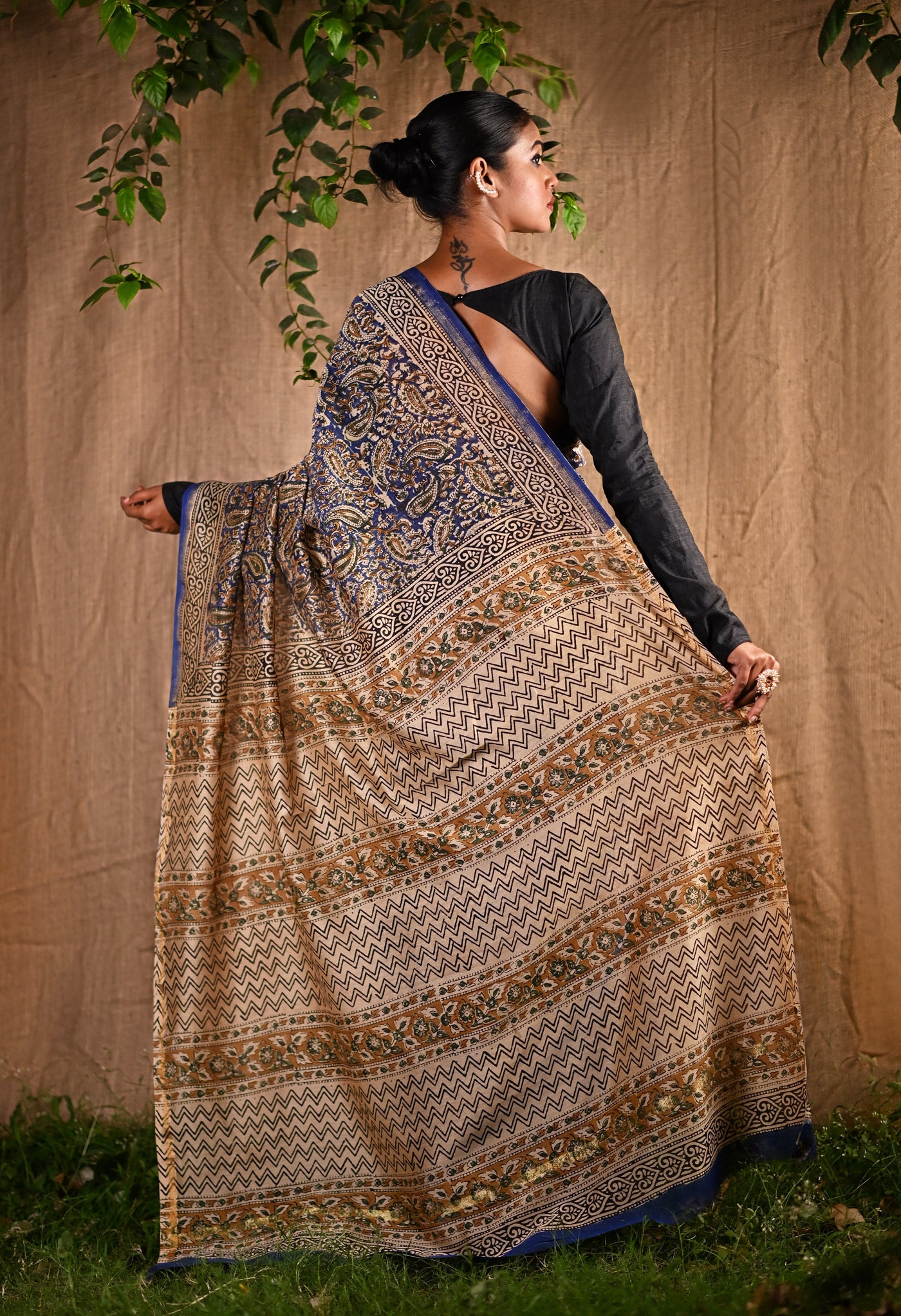 Blue Pure Bagru Kalamkari Printed Chanderi Sico Saree-UNM80772