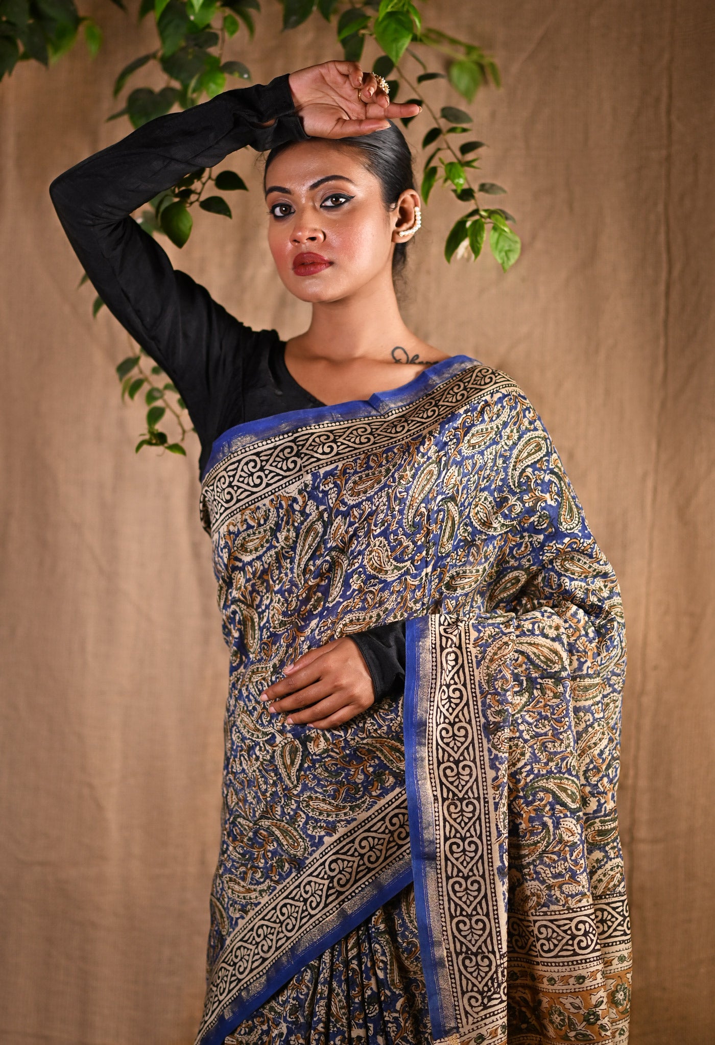 Blue Pure Bagru Kalamkari Printed Chanderi Sico Saree-UNM80772