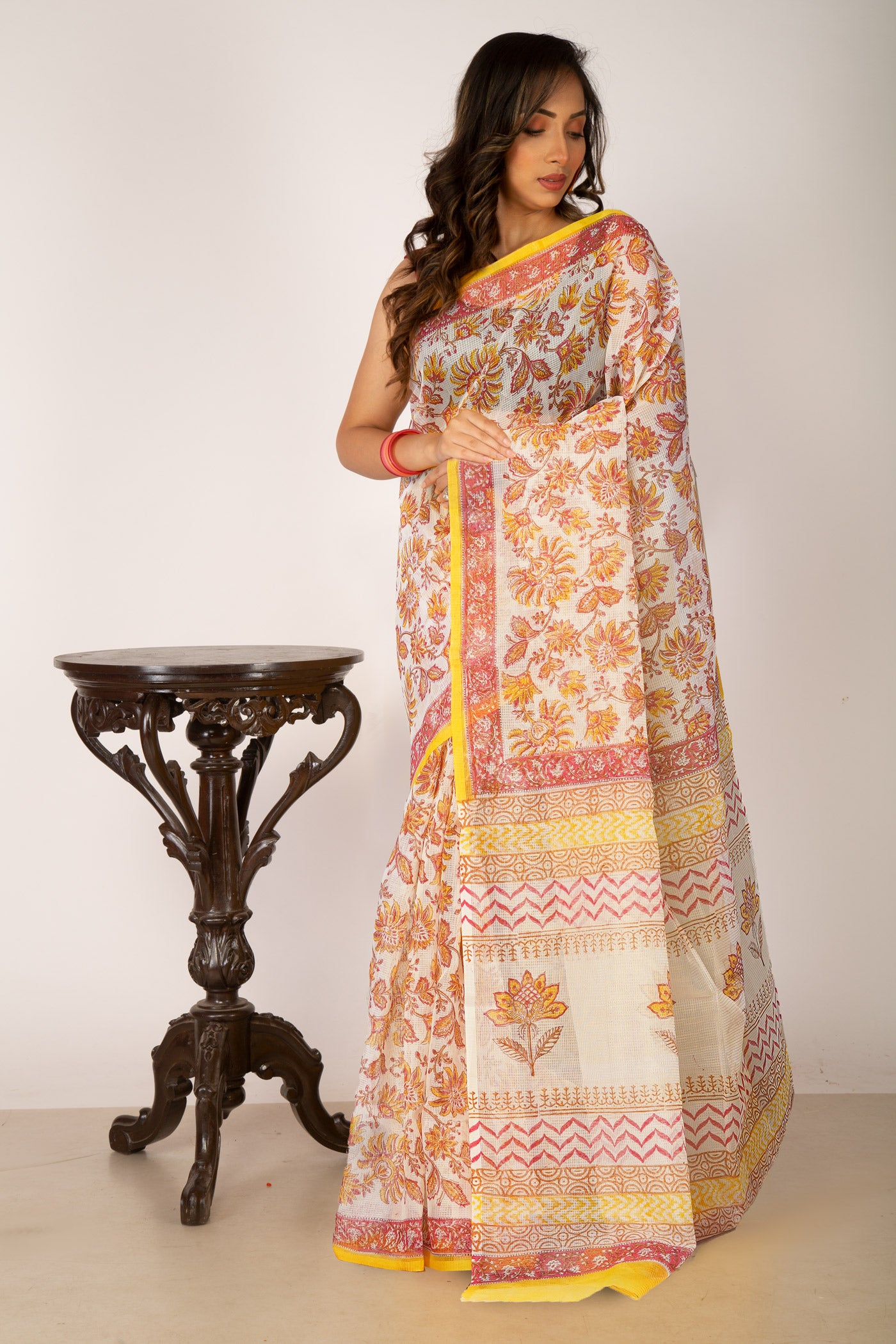 Ivory-Yellow Pure Block Printed Fancy Checks Supernet Saree-UNM80936
