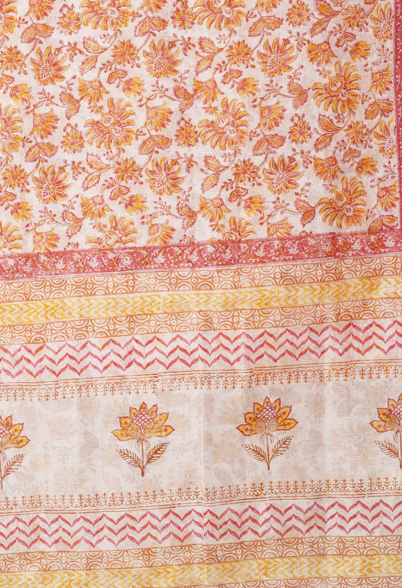 Ivory-Yellow Pure Block Printed Fancy Checks Supernet Saree-UNM80936