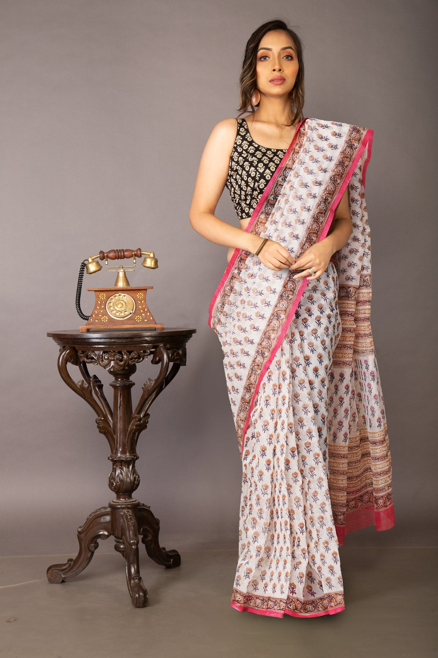 Ivory-Pink Pure Block Printed Fancy Checks Supernet Saree-UNM80937