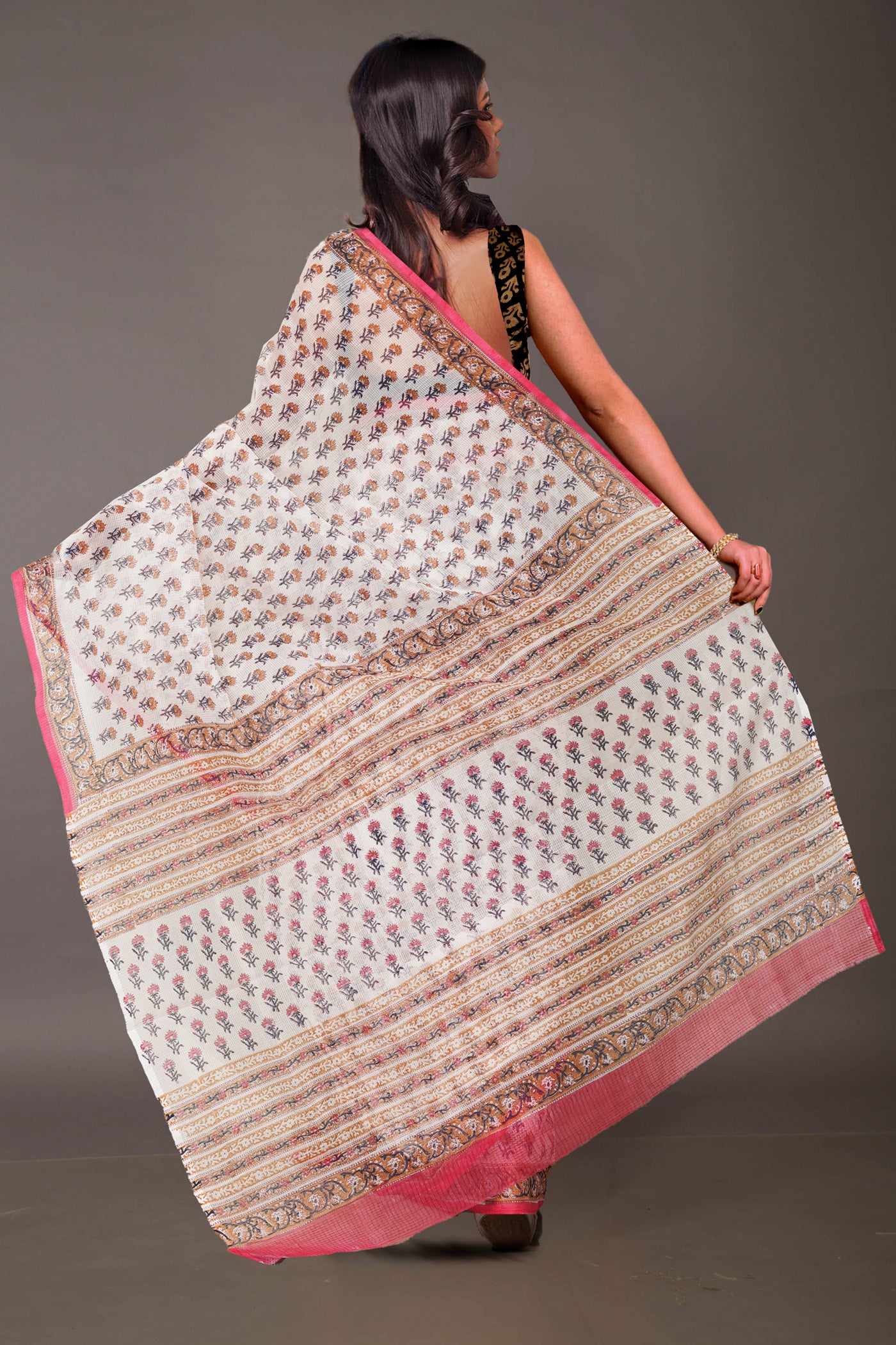 Ivory-Pink Pure Block Printed Fancy Checks Supernet Saree-UNM80937