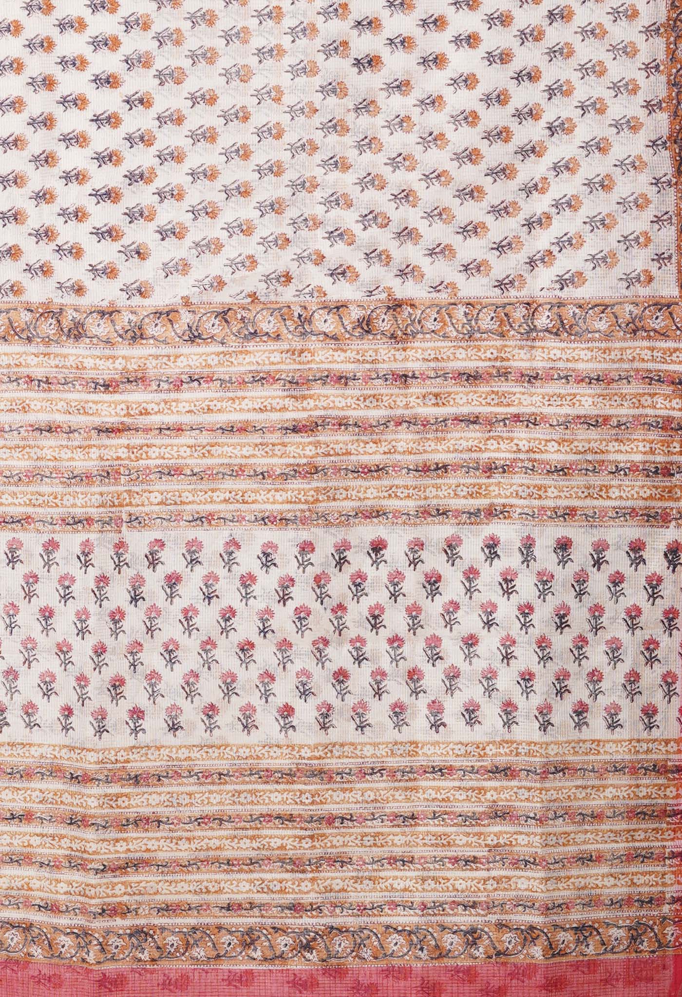 Ivory-Pink Pure Block Printed Fancy Checks Supernet Saree-UNM80937