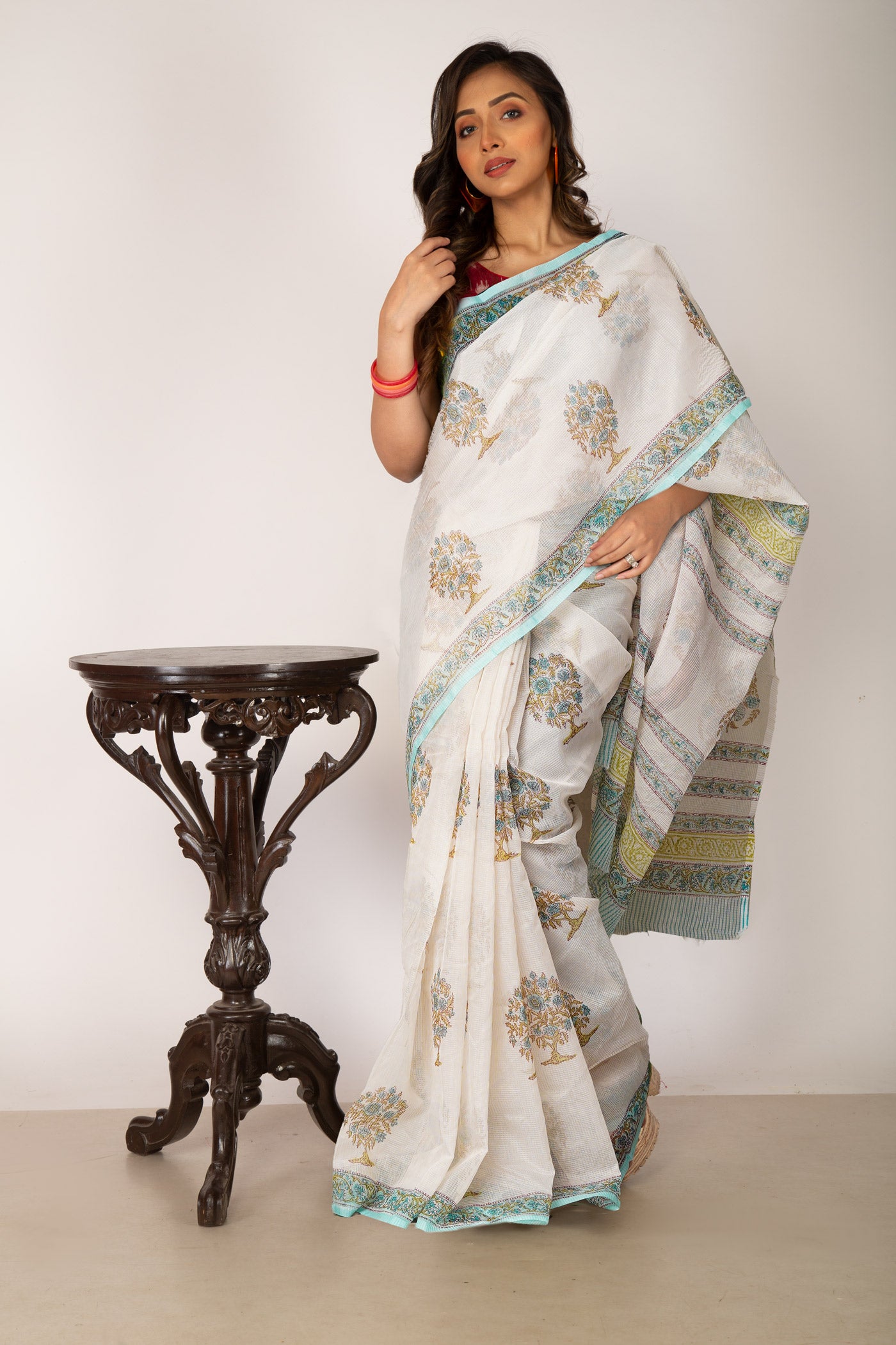 Ivory-Turquoise Blue Pure Block Printed Fancy Checks Supernet Saree-UNM80938