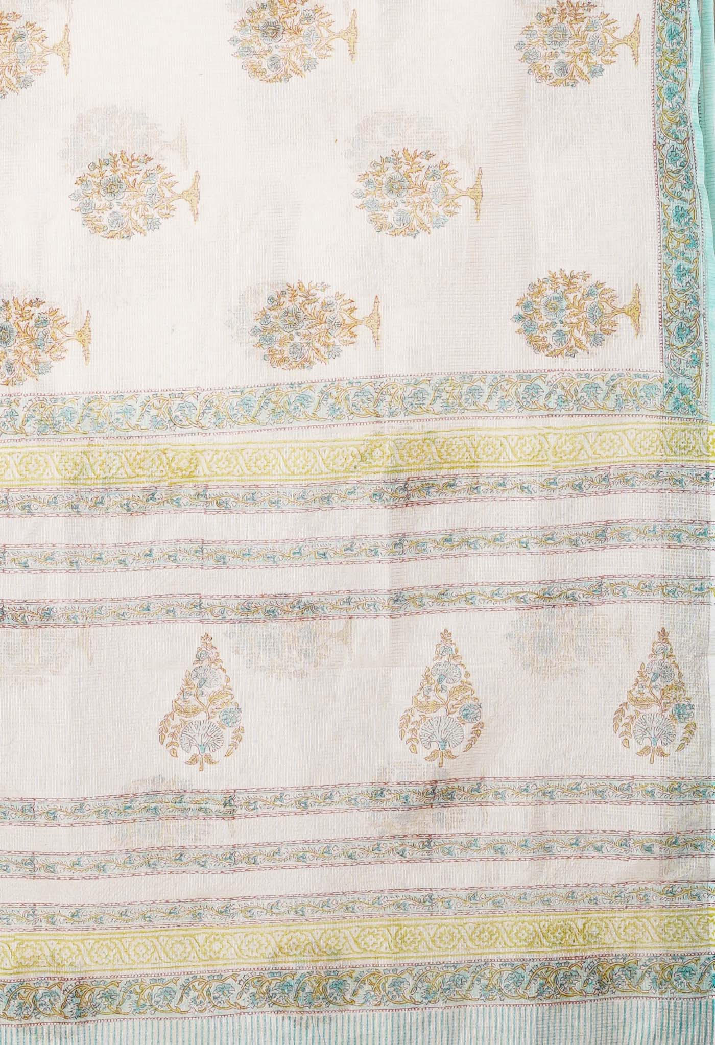 Ivory-Turquoise Blue Pure Block Printed Fancy Checks Supernet Saree-UNM80938