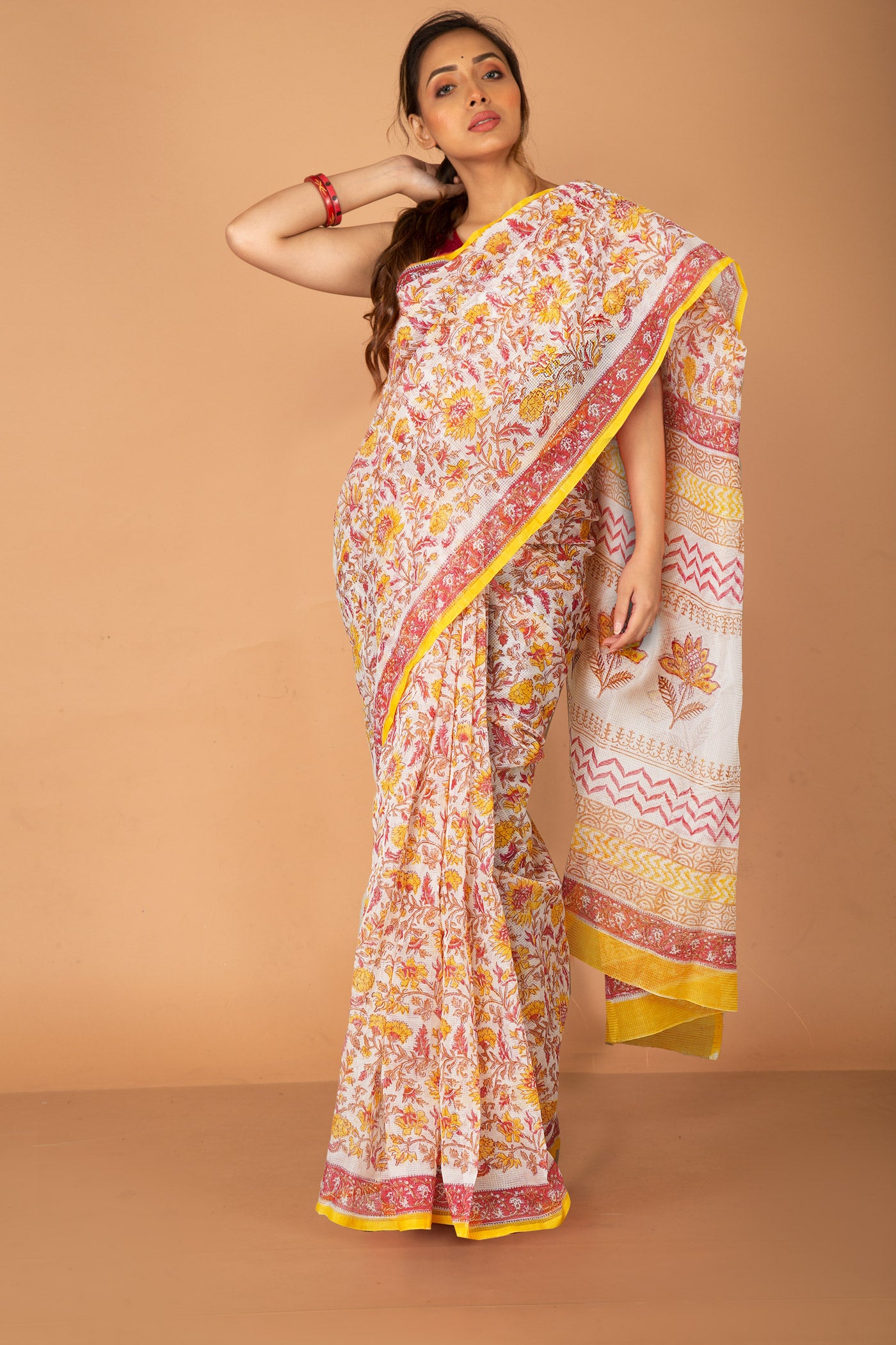 Ivory-Yellow Pure Block Printed Fancy Checks Supernet Saree-UNM80939