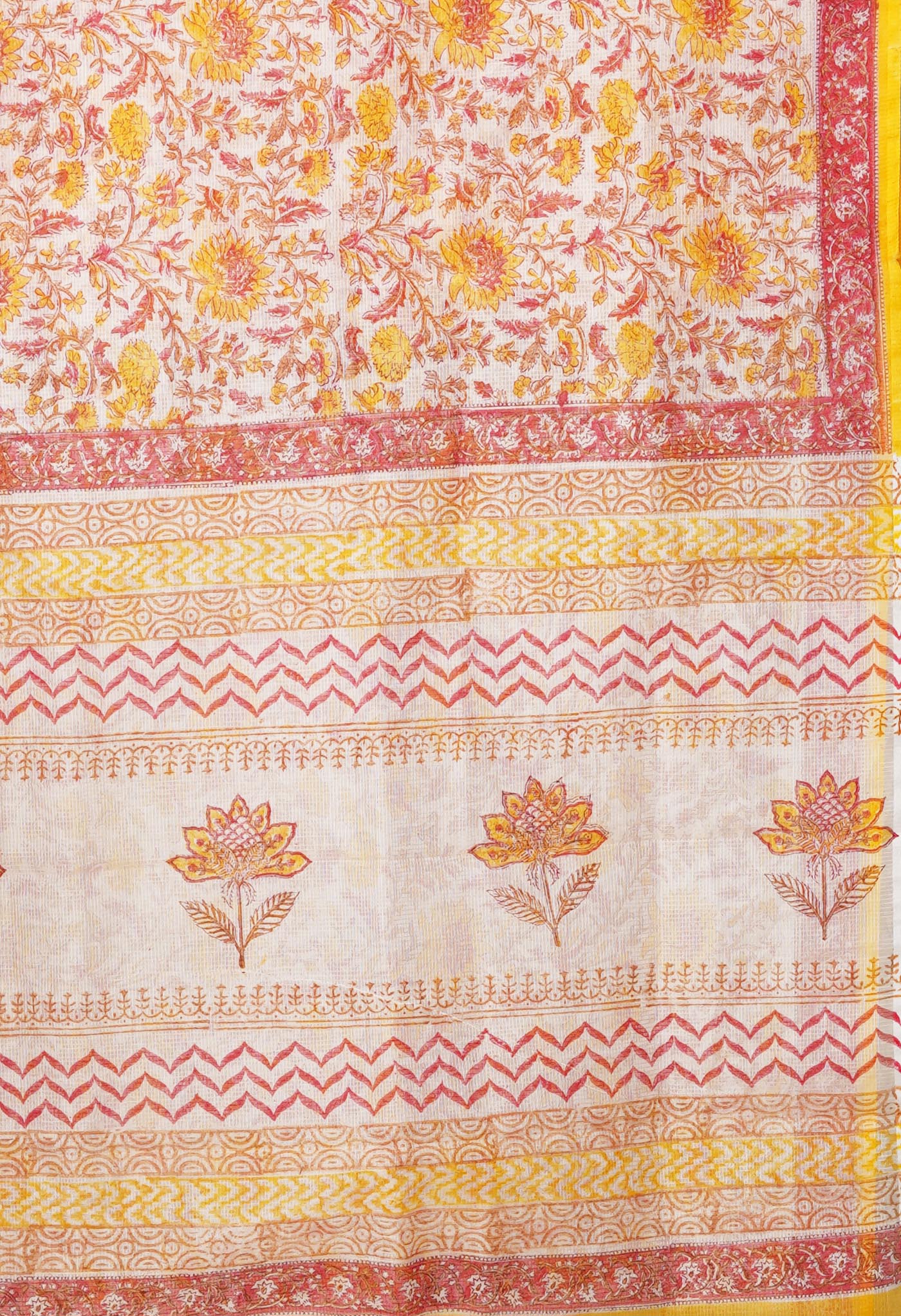 Ivory-Yellow Pure Block Printed Fancy Checks Supernet Saree-UNM80939