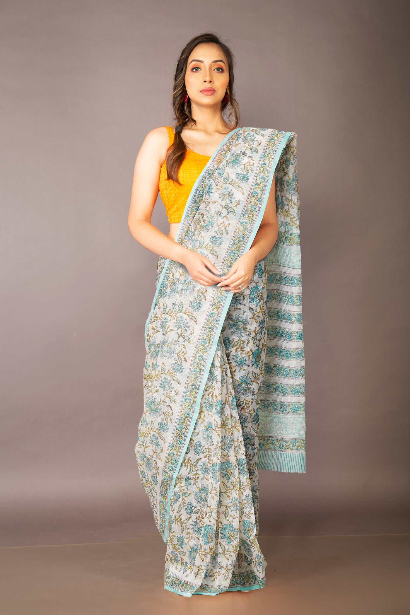 Ivory-Turquoise Blue Pure Block Printed Fancy Checks Supernet Saree-UNM80940