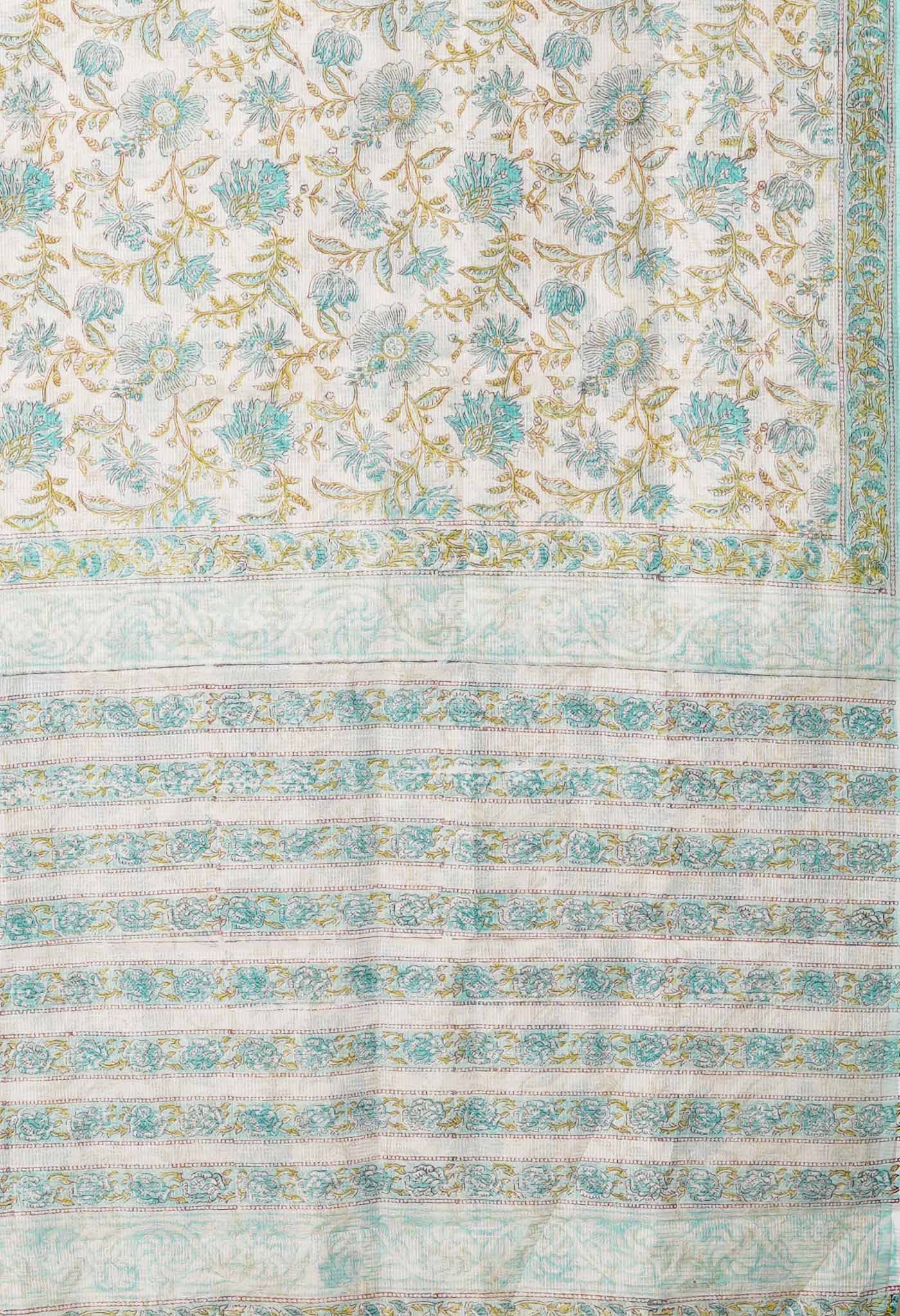 Ivory-Turquoise Blue Pure Block Printed Fancy Checks Supernet Saree-UNM80940