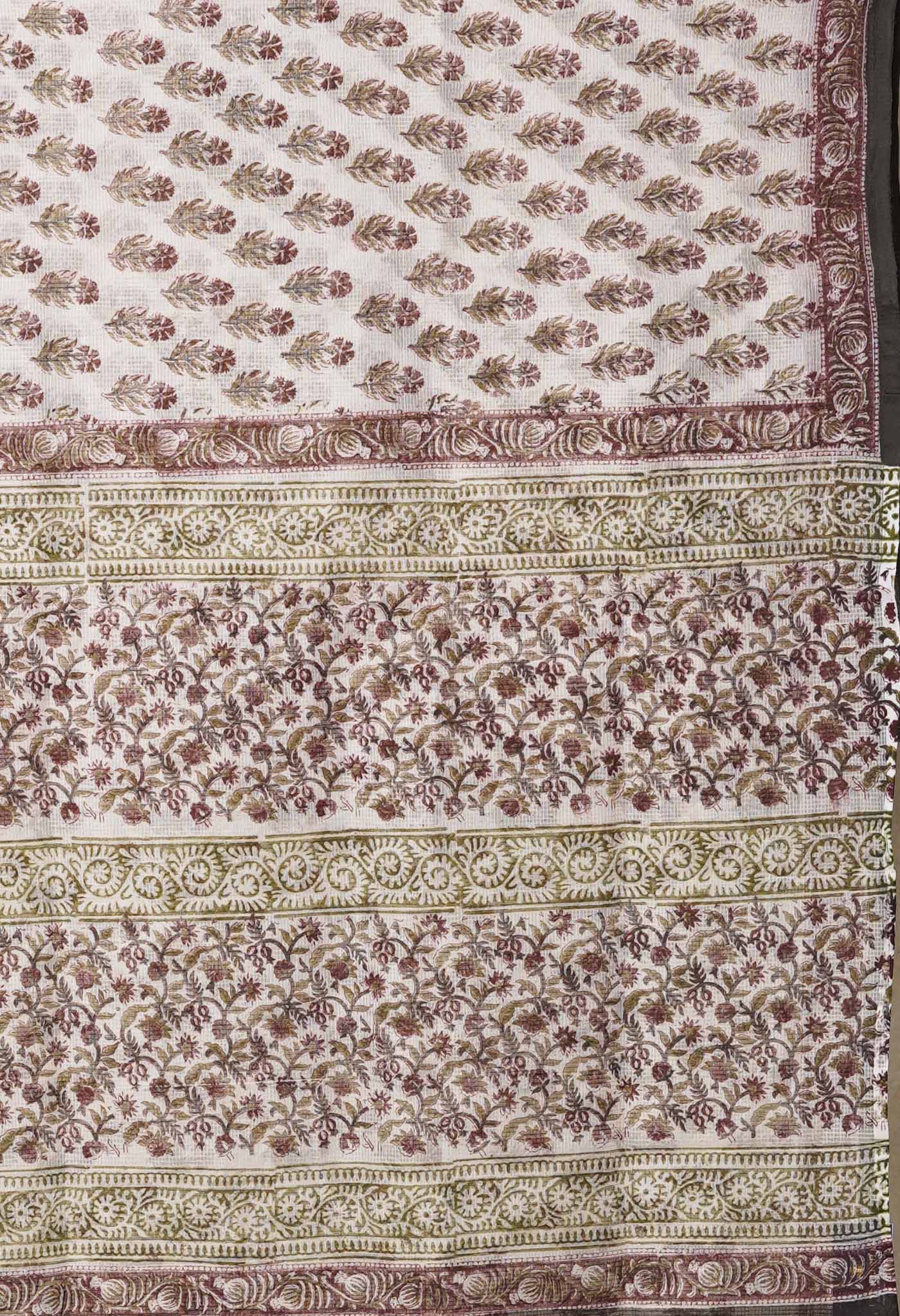 Ivory-Black Pure Block Printed Fancy Checks Supernet Saree-UNM80942