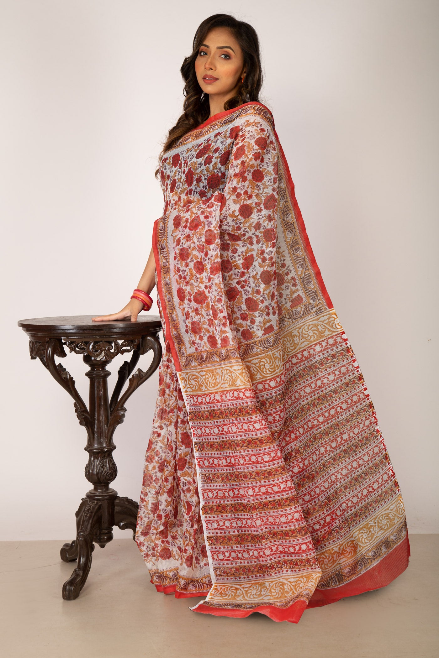 Ivory-Red Pure Block Printed Fancy Checks Supernet Saree-UNM80943