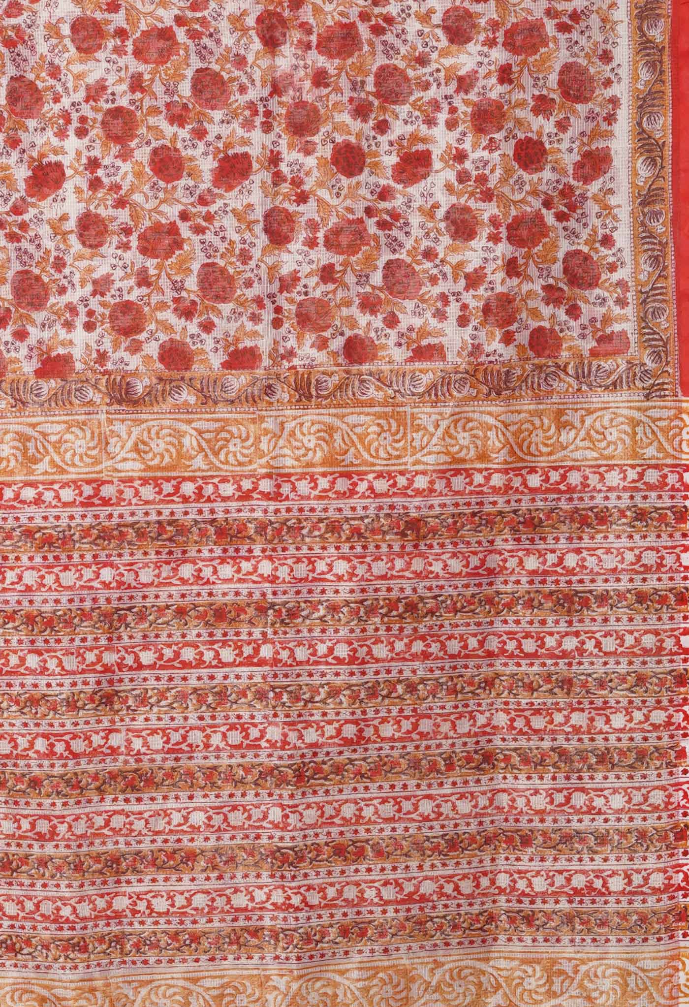 Ivory-Red Pure Block Printed Fancy Checks Supernet Saree-UNM80943