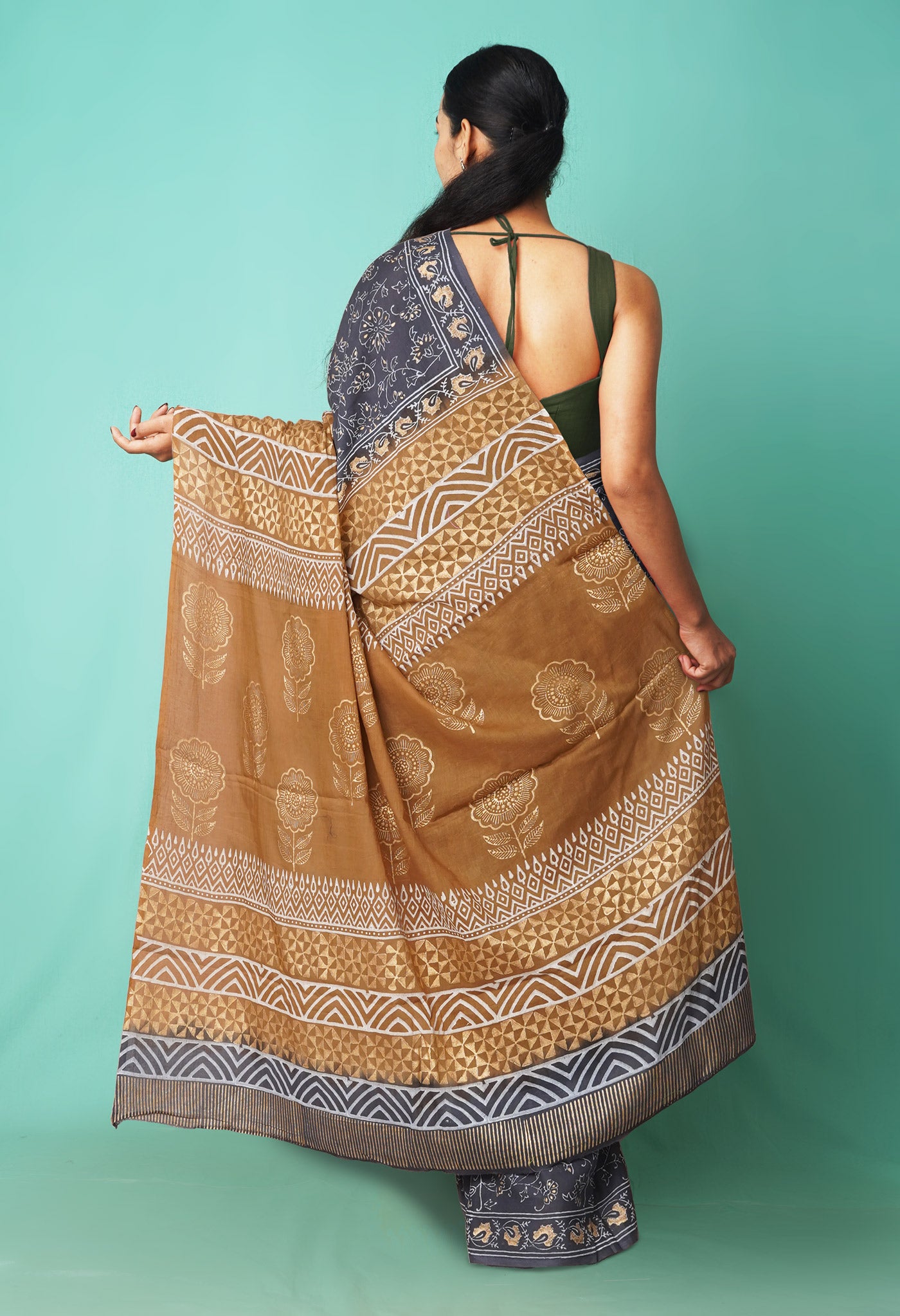 Grey-Brown Pure Gold Embossed Printed Soft Cotton Saree-UNM81002