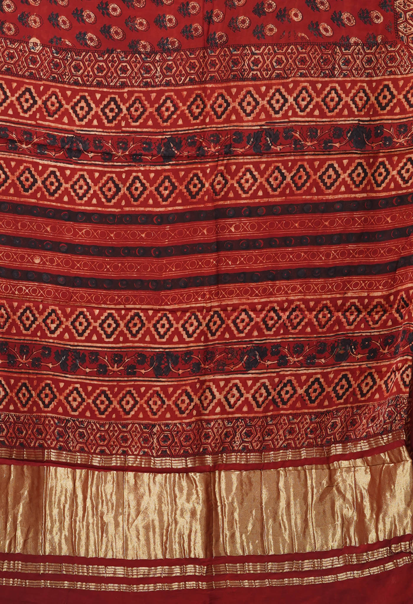 Red Pure Ajrakh Printed Gaji Soft Silk Saree-UNM81024