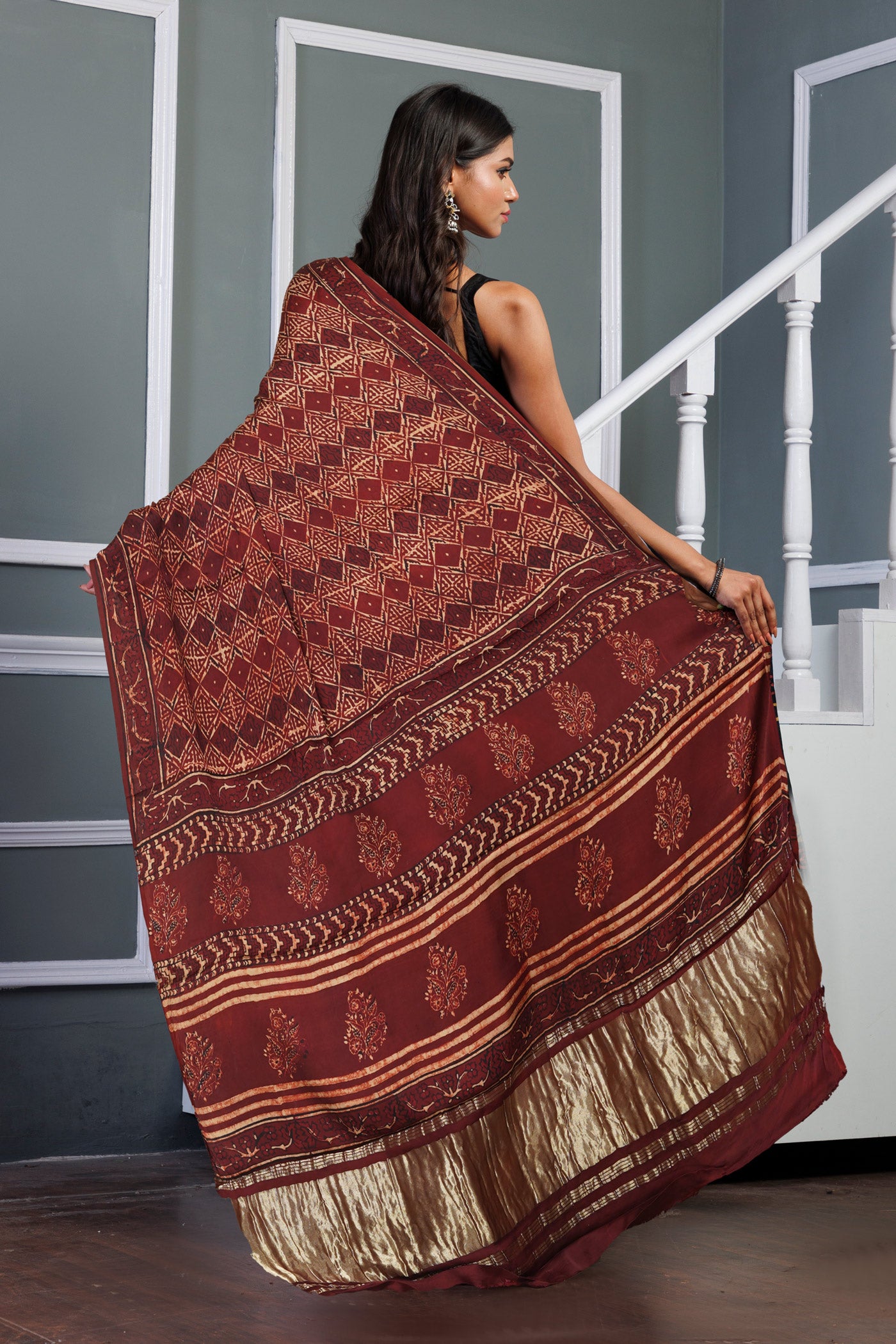 Red Pure Ajrakh Printed Gaji Soft Silk Saree-UNM81026