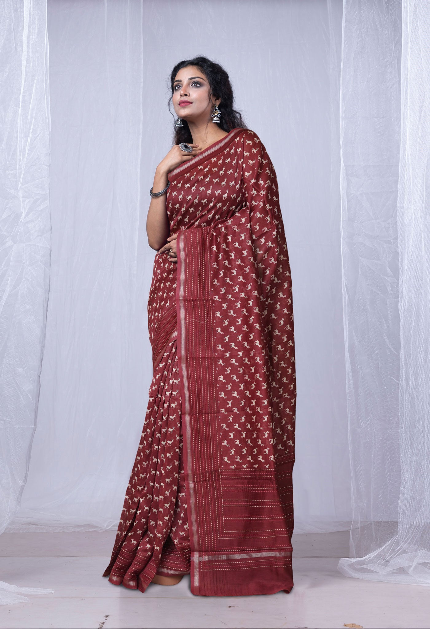 Burgundy Pure Bagru Printed With Kantha work Chanderi Sico Saree-UNM81079