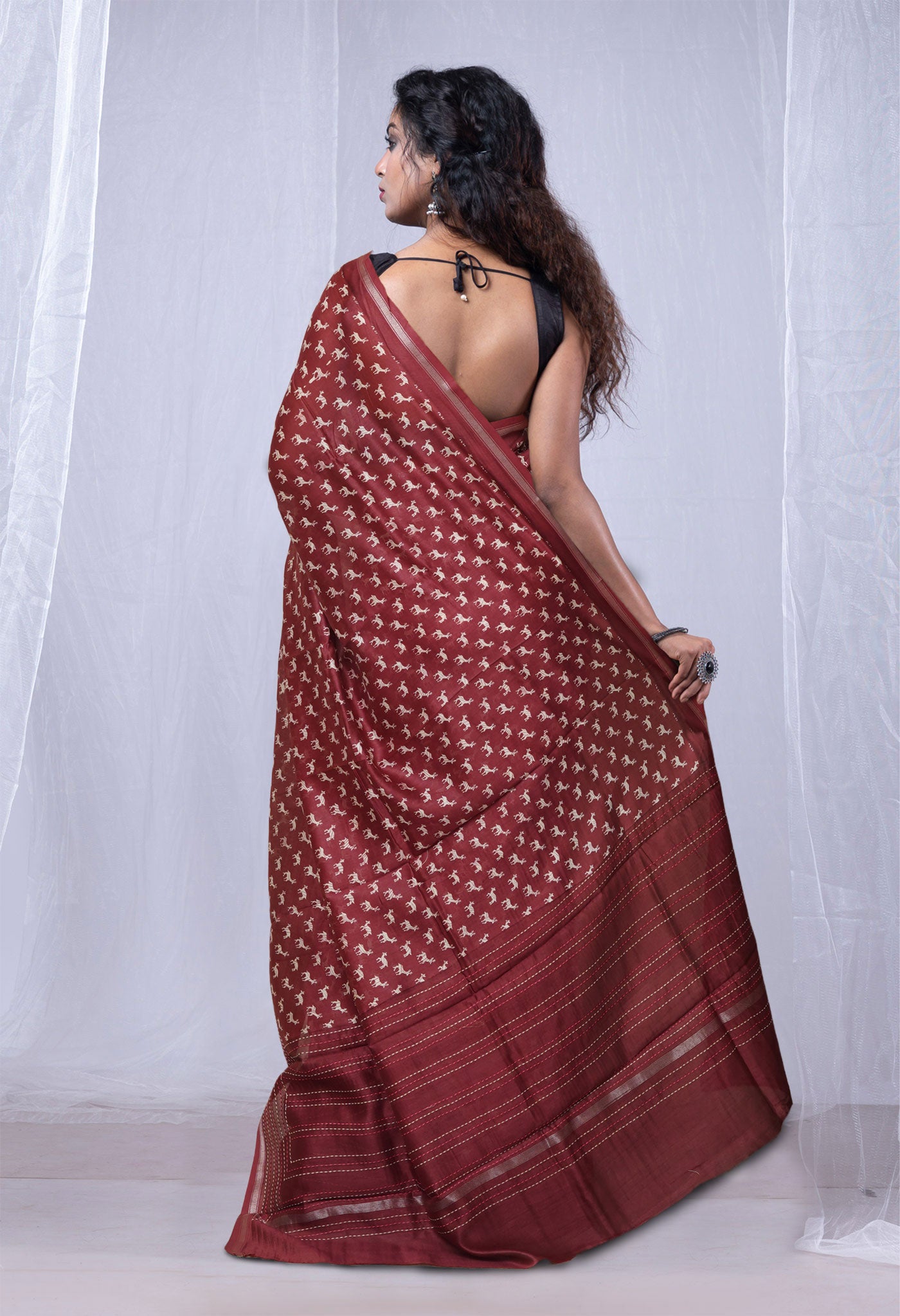 Burgundy Pure Bagru Printed With Kantha work Chanderi Sico Saree-UNM81079