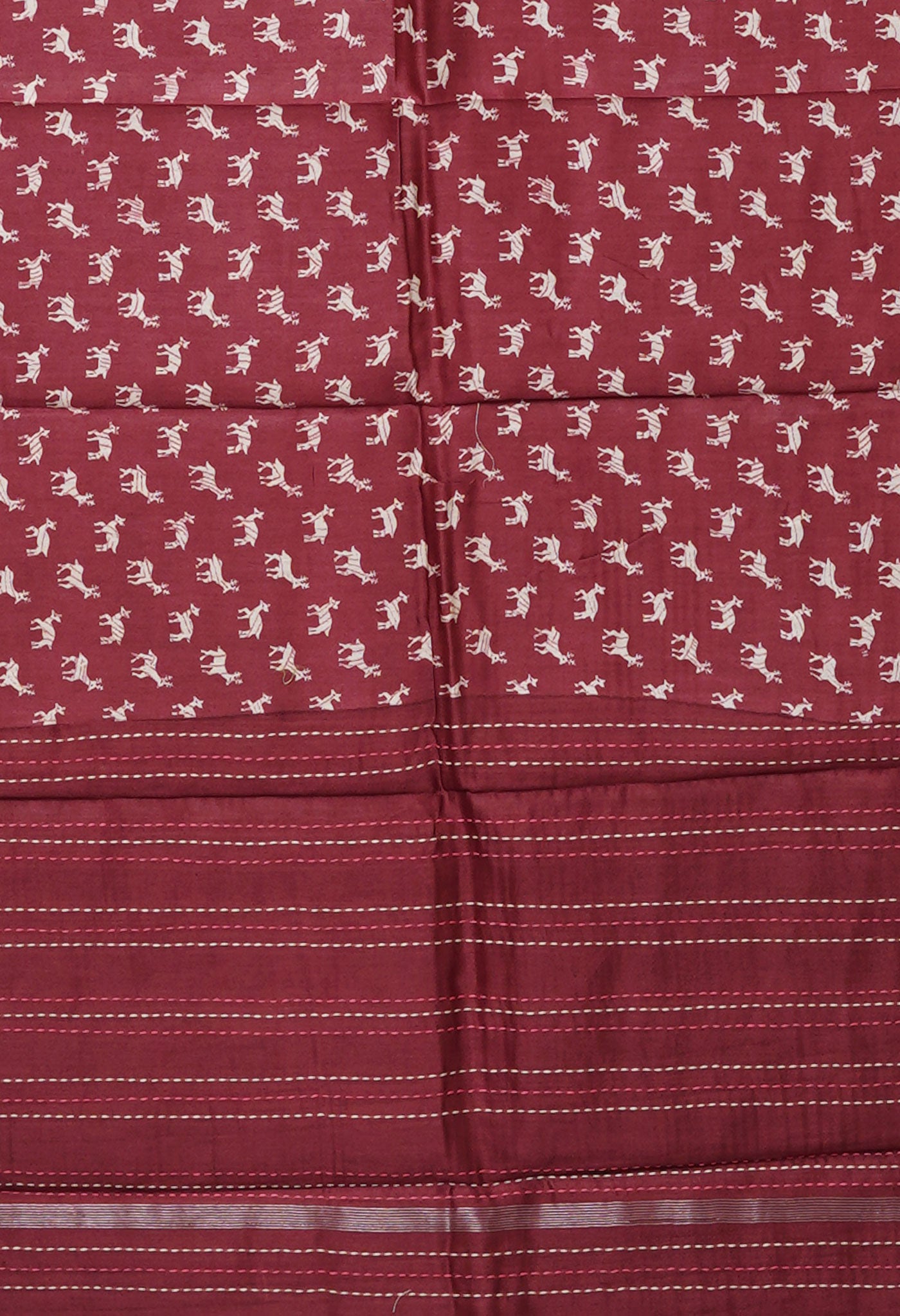 Burgundy Pure Bagru Printed With Kantha work Chanderi Sico Saree-UNM81079