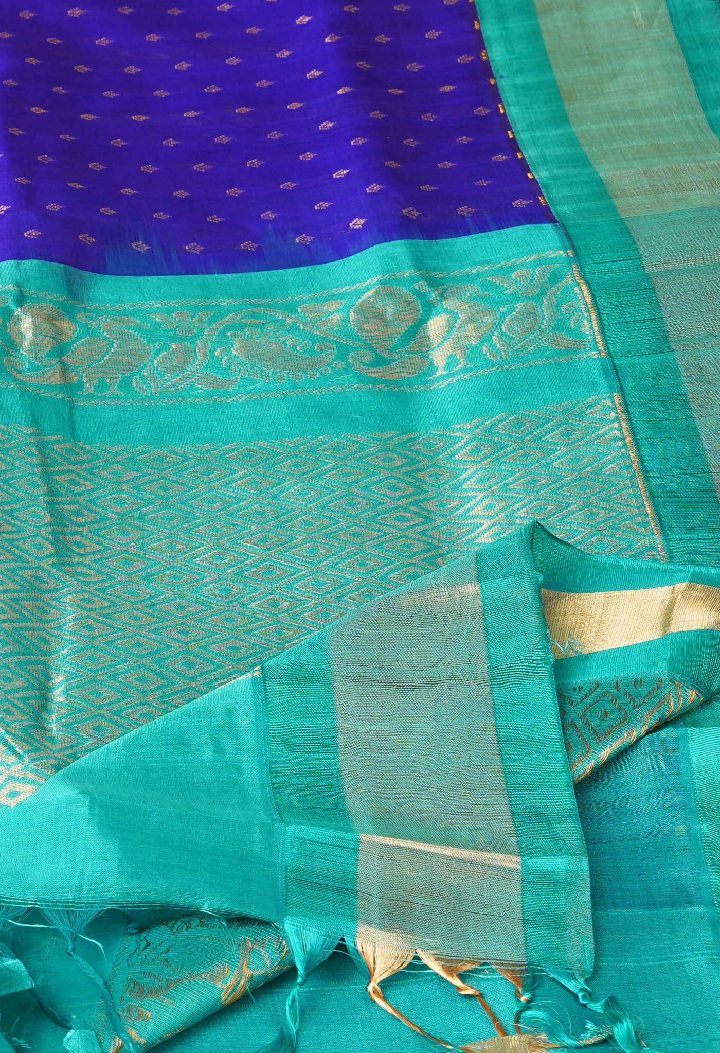 Dark Blue-Turquoise Blue Pure Handloom Assam Sico Saree-UNM81103
