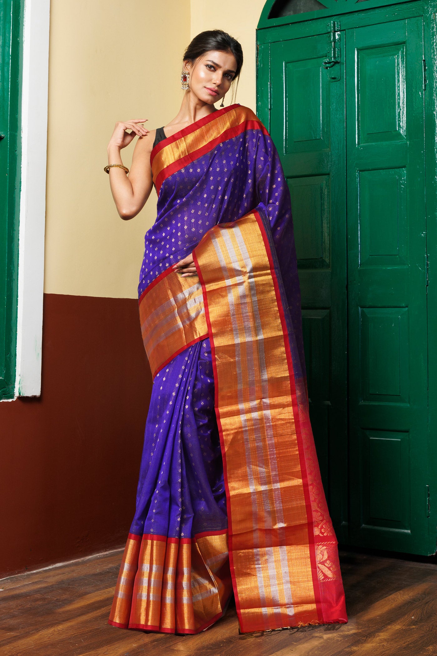 Dark Blue-Red Pure Handloom Assam Sico Saree-UNM81109