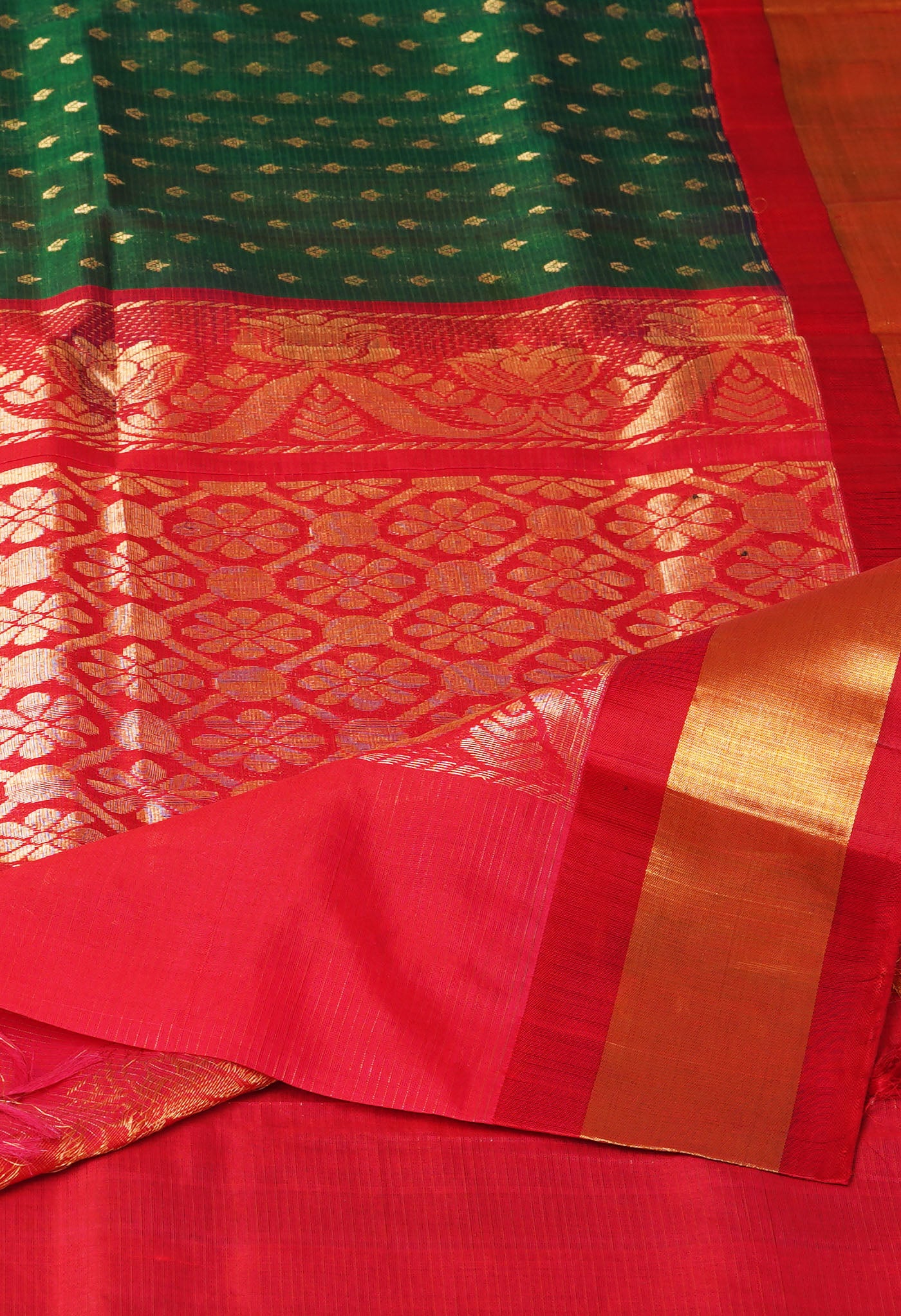 Dark Green-Red Pure Handloom Assam Sico Saree-UNM81110