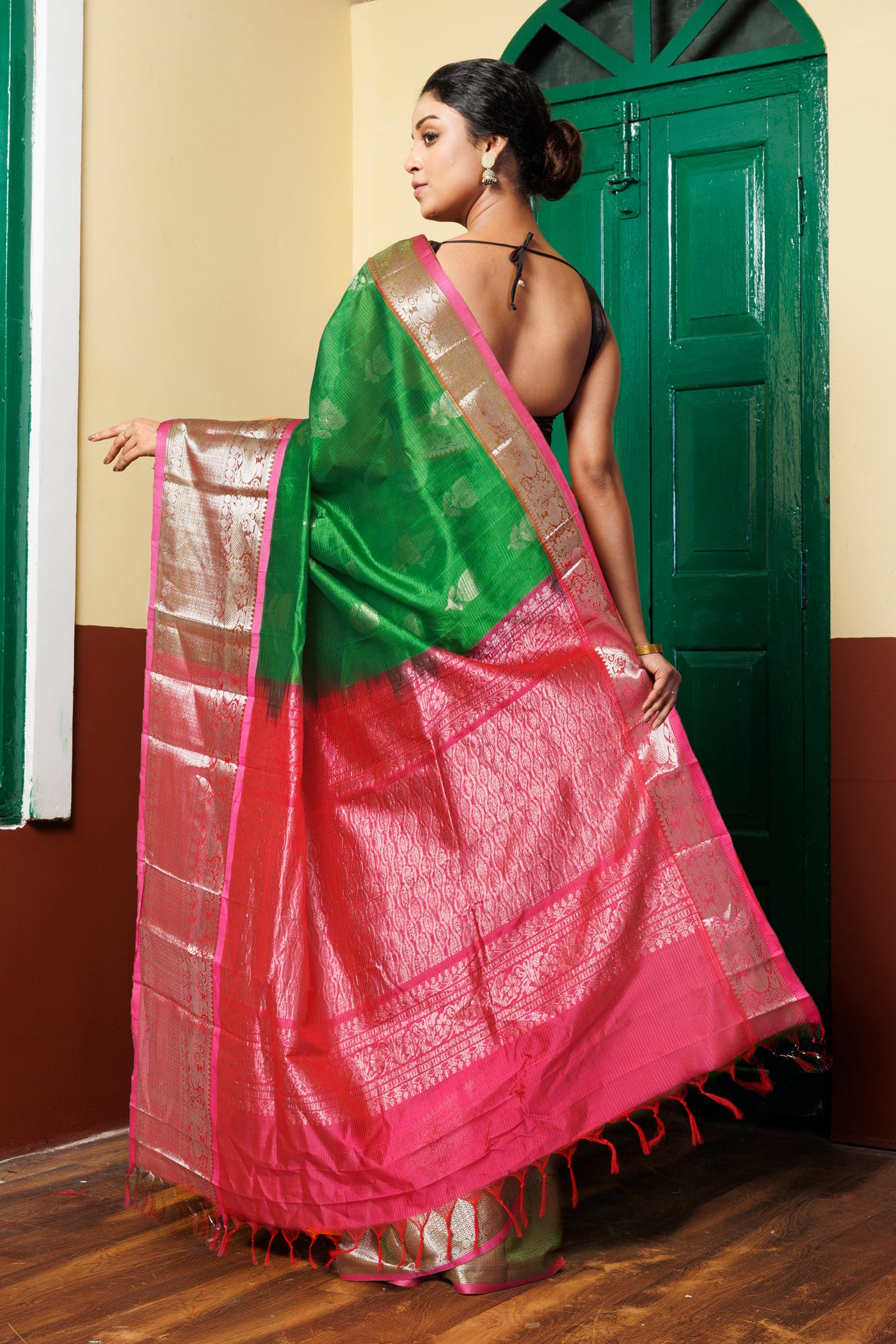 Green-Pink Pure Handloom Assam Sico Saree-UNM81114