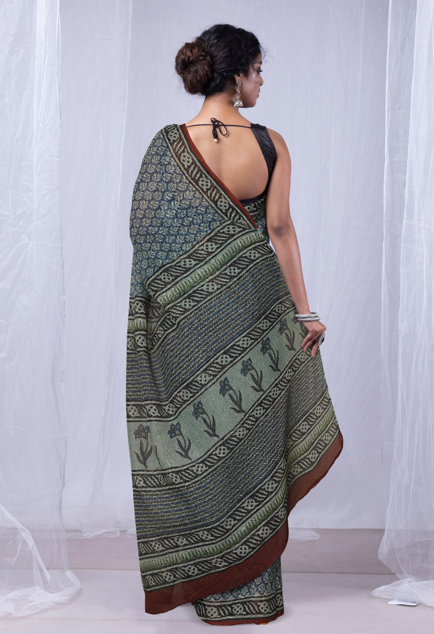 Blue Pure Discharge Bagru Printed Kota Saree-UNM81195
