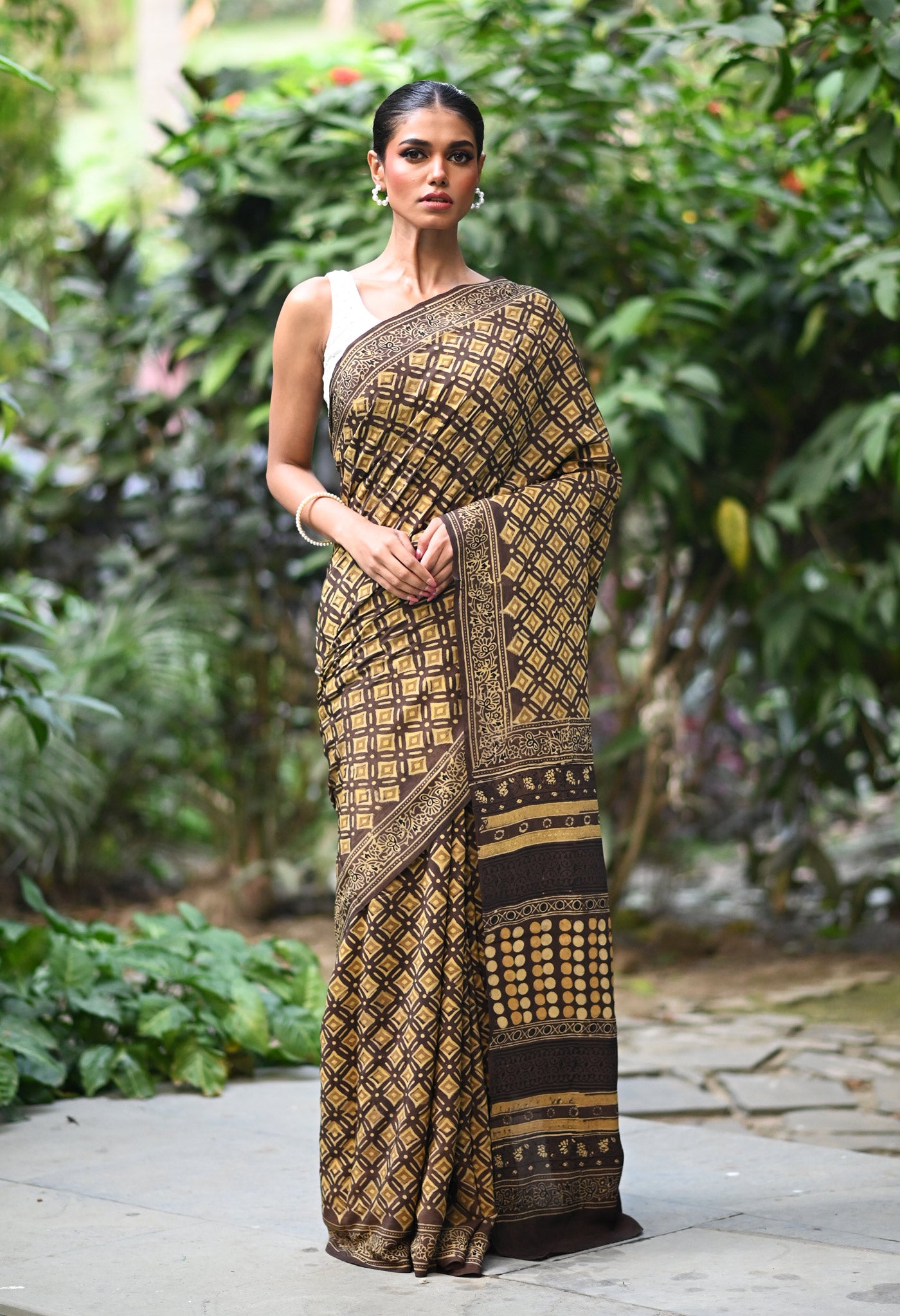 Brown Pure Ajrakh Printed Soft Silk Saree-UNM81251
