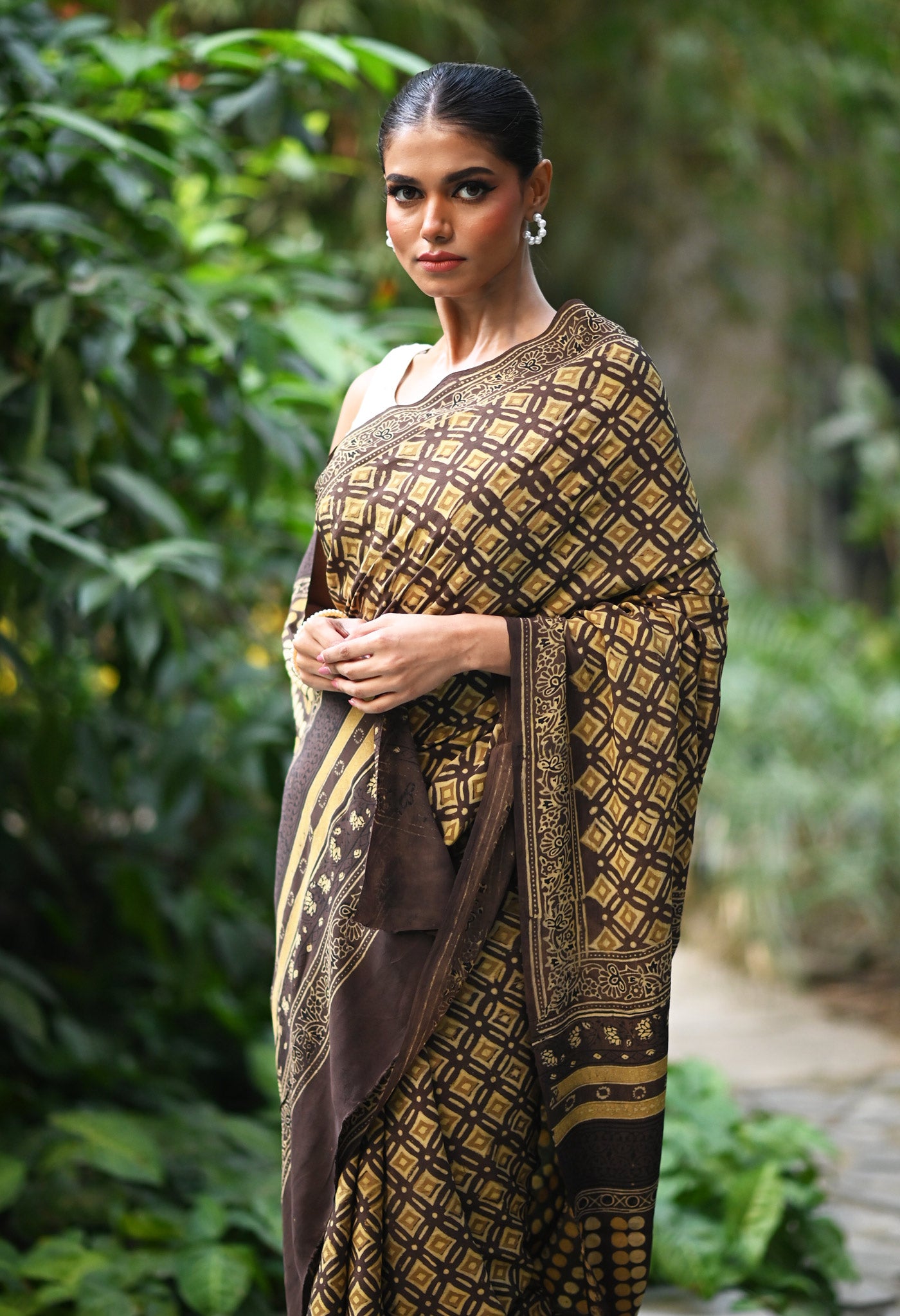 Brown Pure Ajrakh Printed Soft Silk Saree-UNM81251
